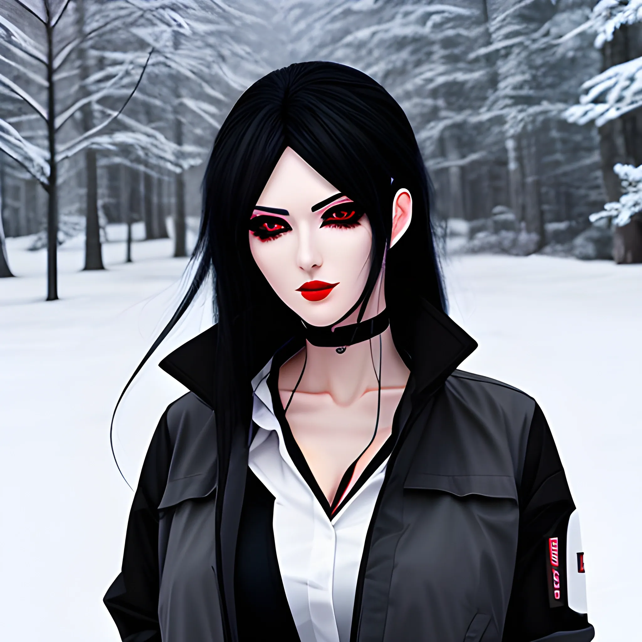 An anime girl, black long messy hair, red eyes, black eyeshadow, wearing a white winter jacket, wearing a gray shirt