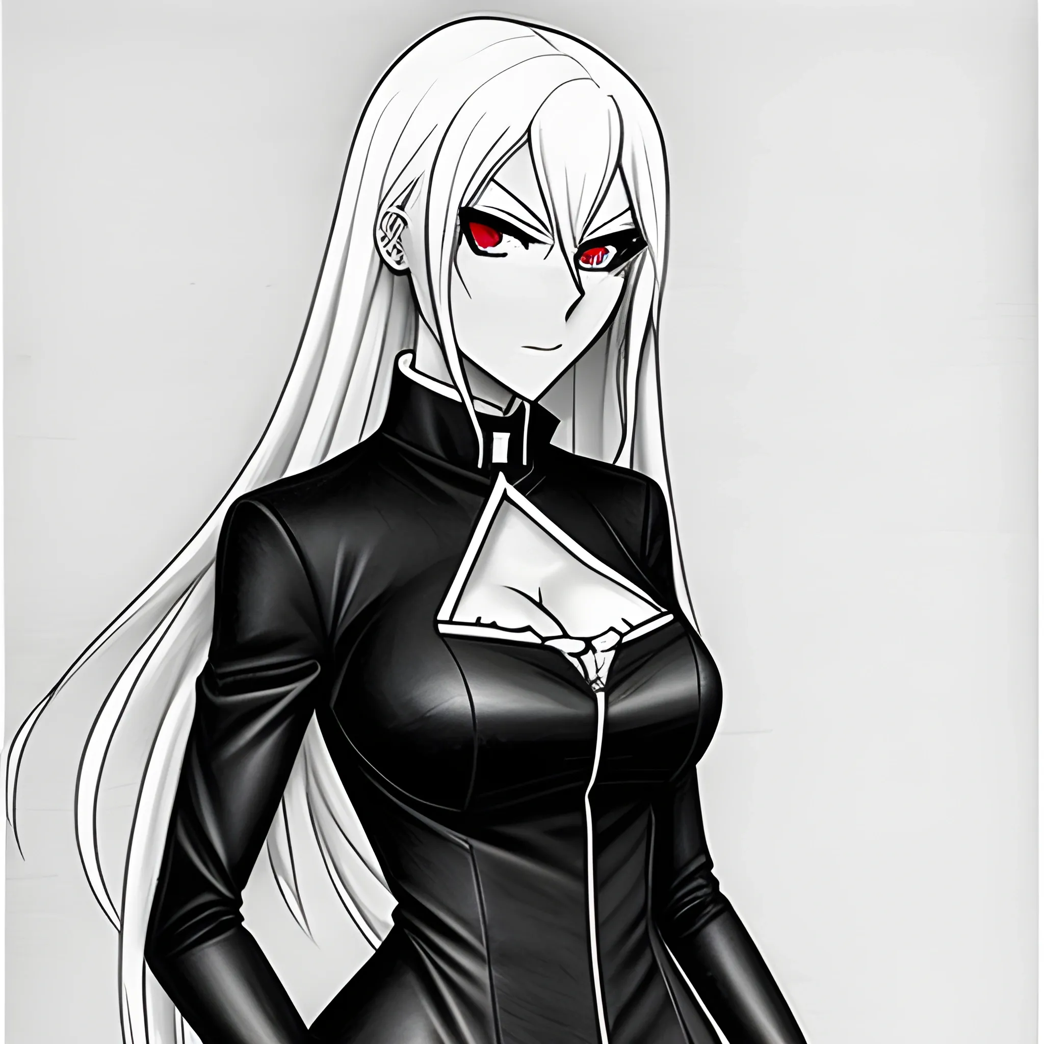 , Pencil Sketch An anime girl who looks in her mid 20's, with long white hair, red eyes, and a black collar with a padlock on the front of it. Wearing an elegant white dress.