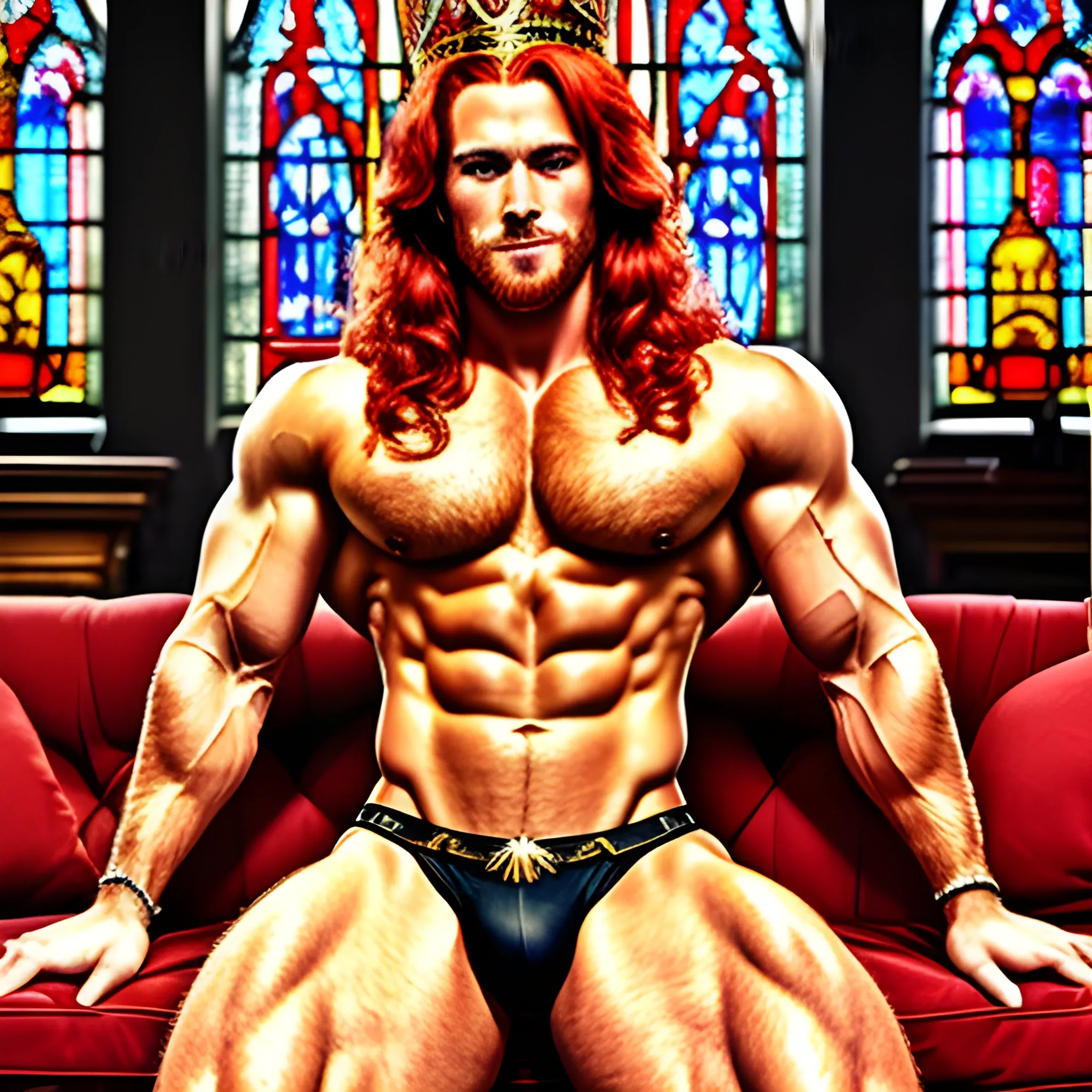 A handsome bodybuilder with long red hair. He is sitting on a red sofa in a dark room with a stain glass church window behind him.  He is wearing a golden crown on his head with jewels.  He is extremely handsome and fit.  He is only wearing a tiny red jockstrap. , Pencil Sketch