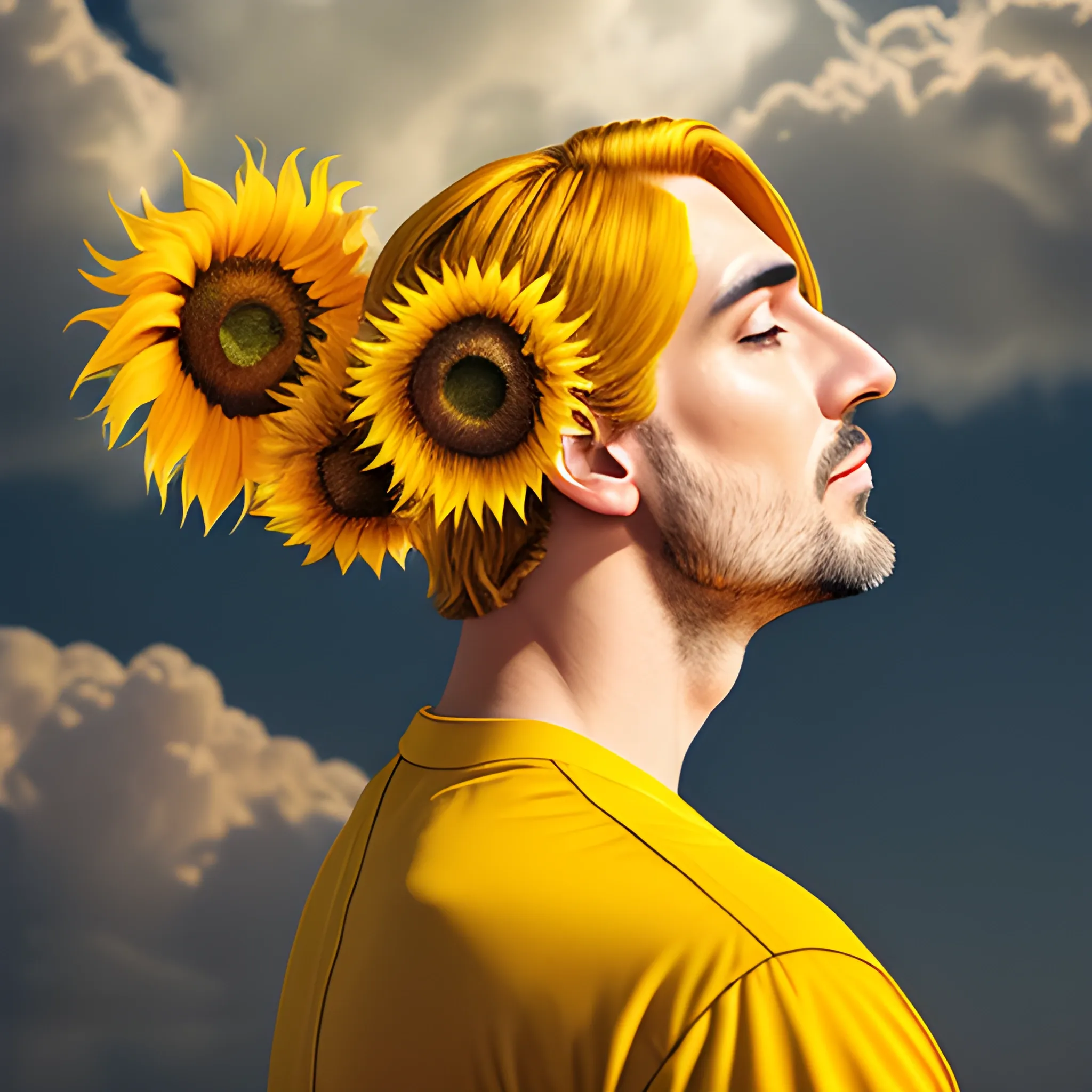 tmasterpiece, high high quality, cinematic Film still from, one-boy,Golden hair,Sunflowers are worn on the head, floating in sky, Cloud boy, Clouds, (closeup: 1.1), brightly, cheerfulness, intriguing, gentlesoftlighting, (bauhause, Shape, lineworks, abstracted: 1.1), 