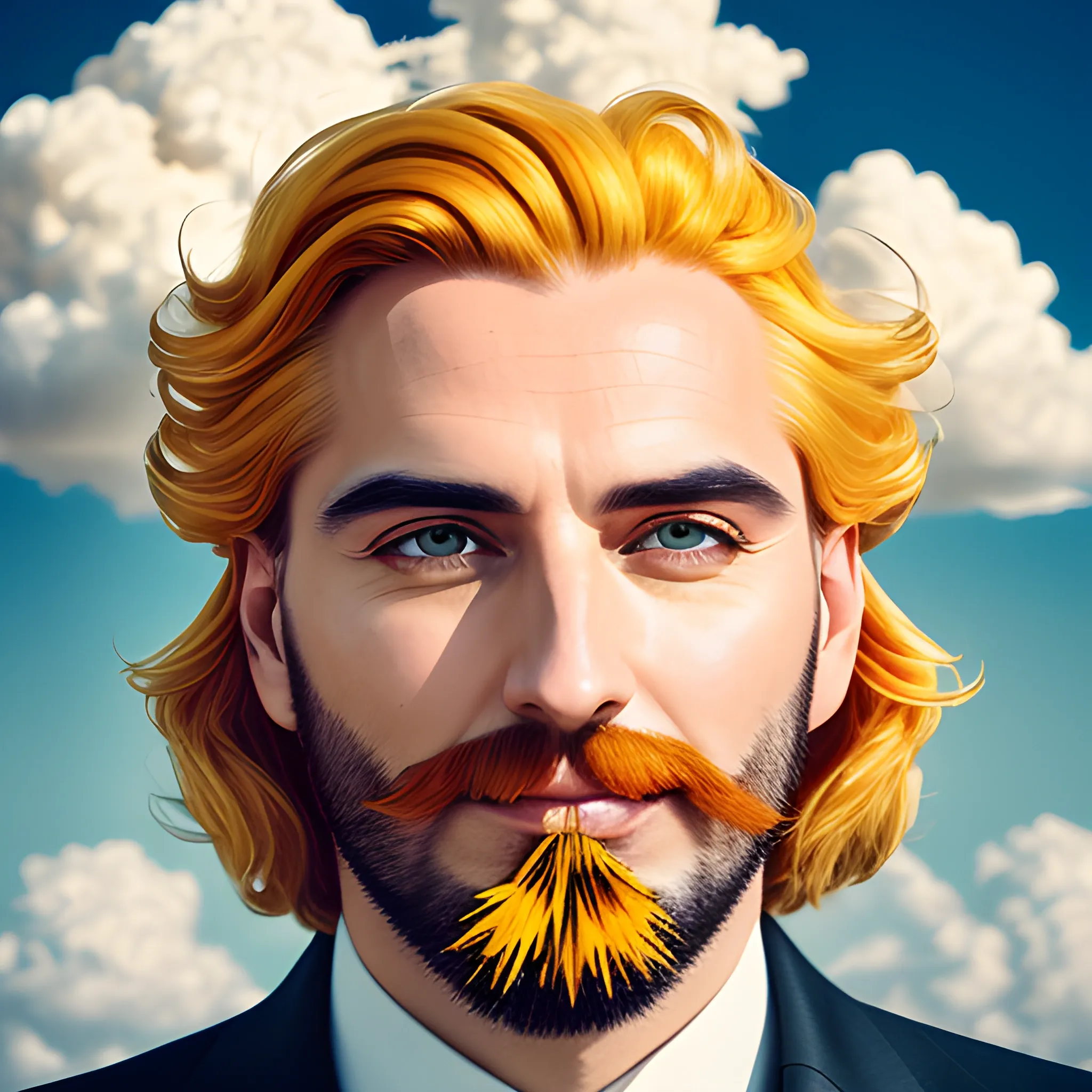 tmasterpiece, high high quality, cinematic Film still from, one-boy,Golden hair,Sunflowers are worn on the head, floating in sky, Cloud boy, Clouds, (closeup: 1.1), brightly, cheerfulness, intriguing, gentlesoftlighting, (bauhause, Shape, lineworks, abstracted: 1.1), 