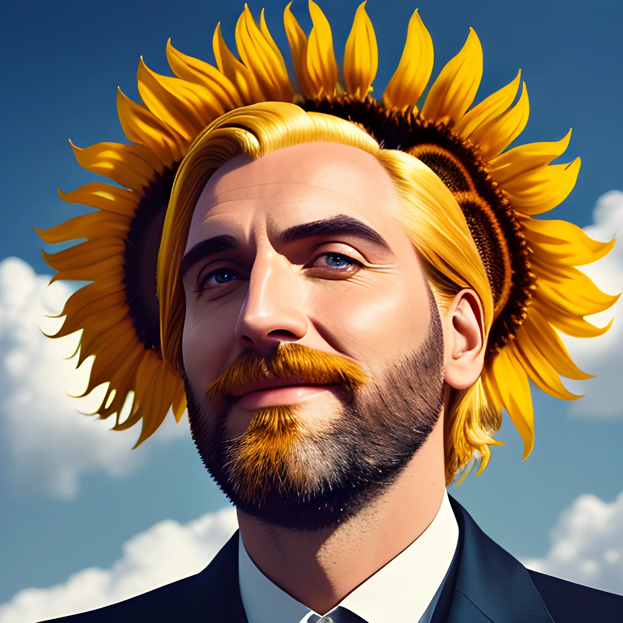 tmasterpiece, high high quality, cinematic Film still from, one-boy,Golden hair,Sunflowers are worn on the head, floating in sky, Cloud boy, Clouds, (closeup: 1.1), brightly, cheerfulness, intriguing, gentlesoftlighting, (bauhause, Shape, lineworks, abstracted: 1.1), 