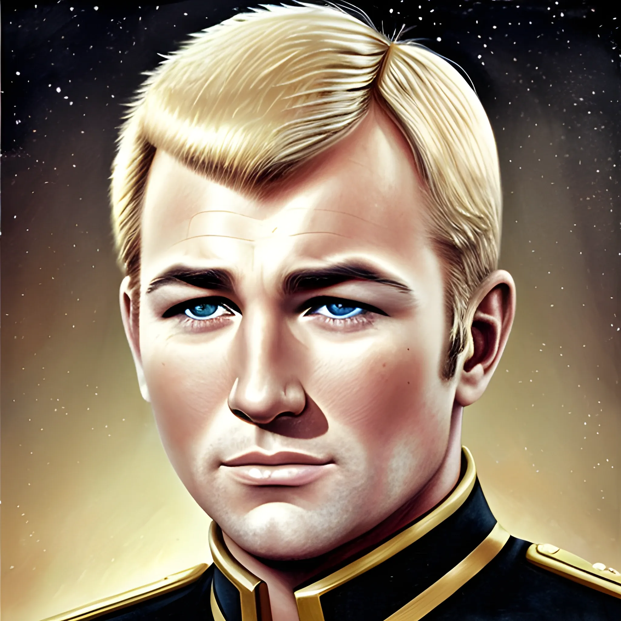 portrait, captian kirk, blonde
 hair, crying