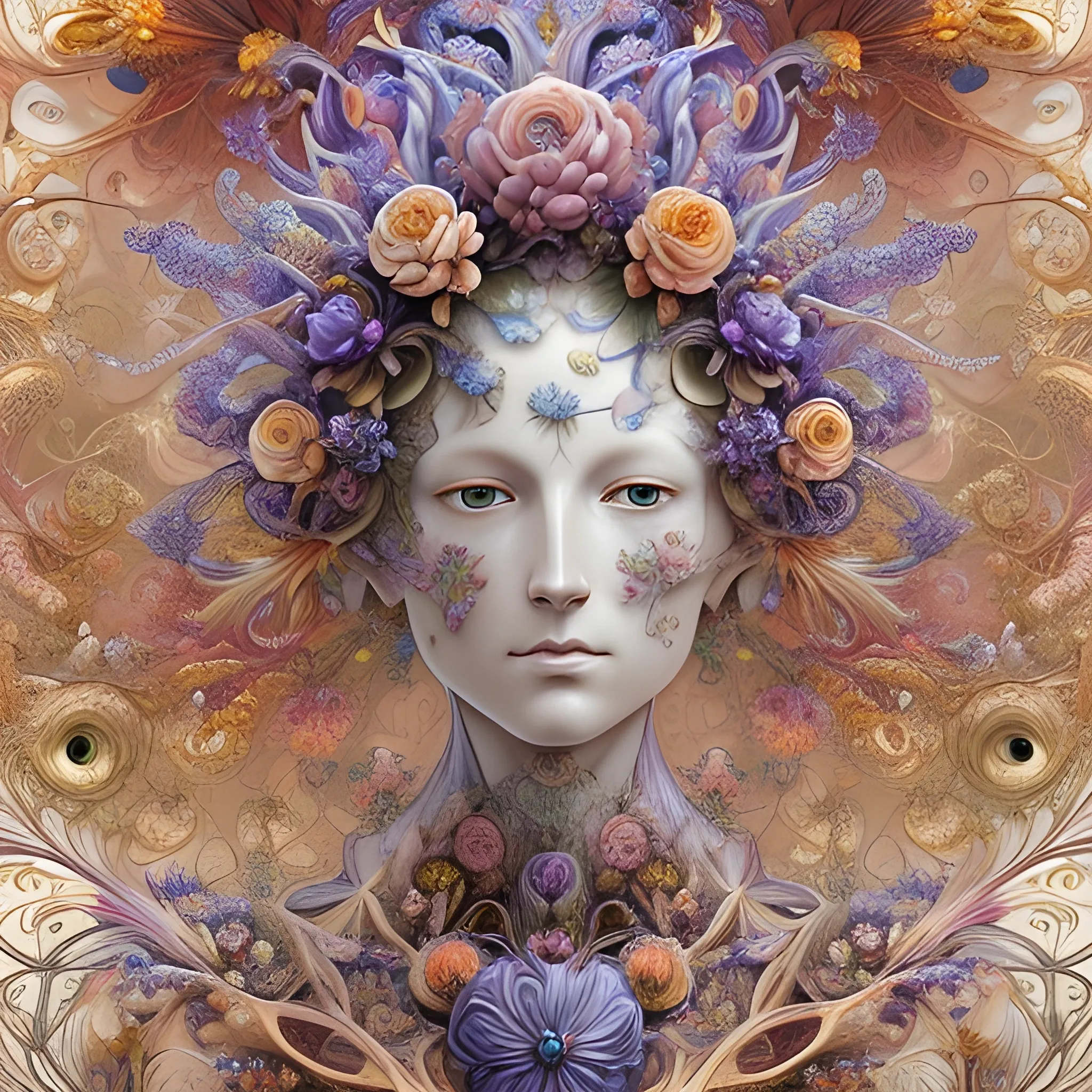 an ultra hd detailed painting of many different types of flowers by Android Jones, Earnst Haeckel, James Jean. behance contest winner, generative art, Baroque, intricate patterns, fractalism, rococo there is a statue of david in the foreground.