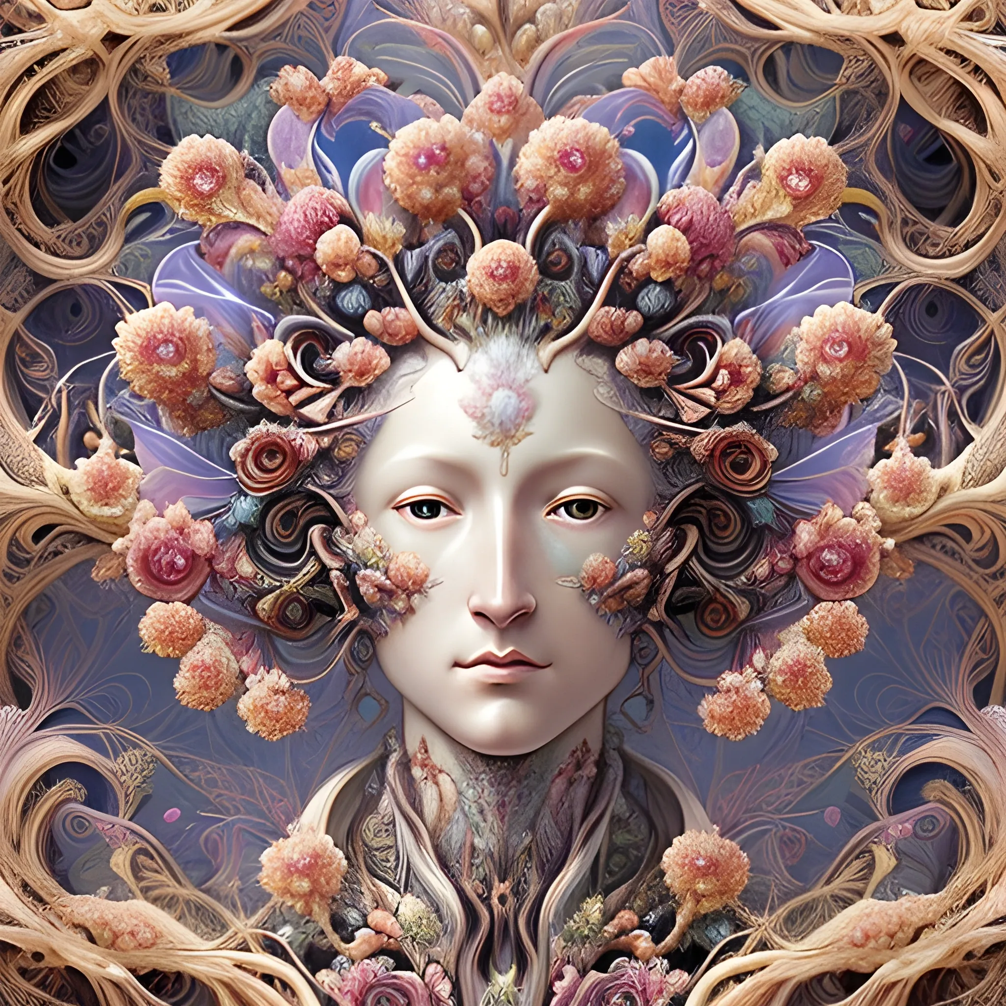 an ultra hd detailed painting of many different types of flowers by Android Jones, Earnst Haeckel, James Jean. behance contest winner, generative art, Baroque, intricate patterns, fractalism, rococo there is a statue of david in the foreground. A man's masculine face.