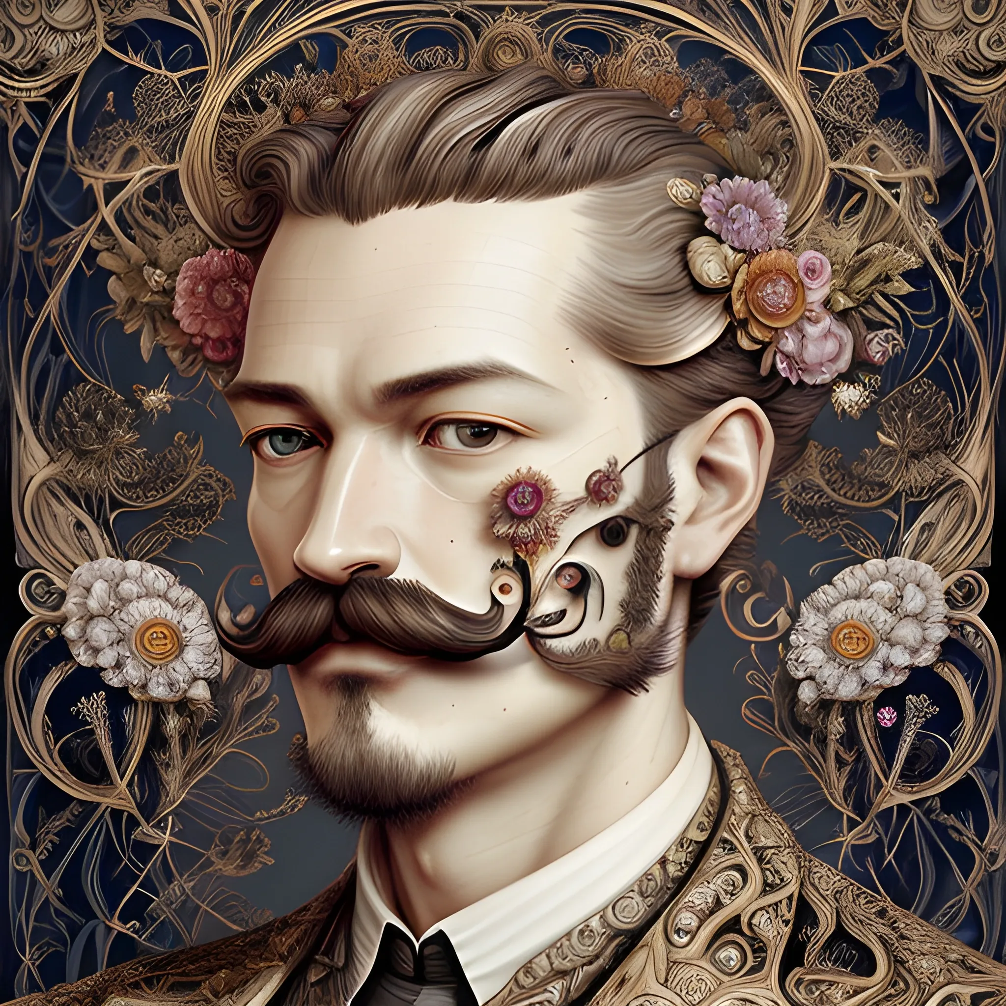  A man's face with a moustache. an ultra hd detailed painting of many different types of flowers by Android Jones, Earnst Haeckel, James Jean. behance contest winner, generative art, Baroque, intricate patterns, fractalism, rococo there is a statue of david in the foreground. A man's masculine face.