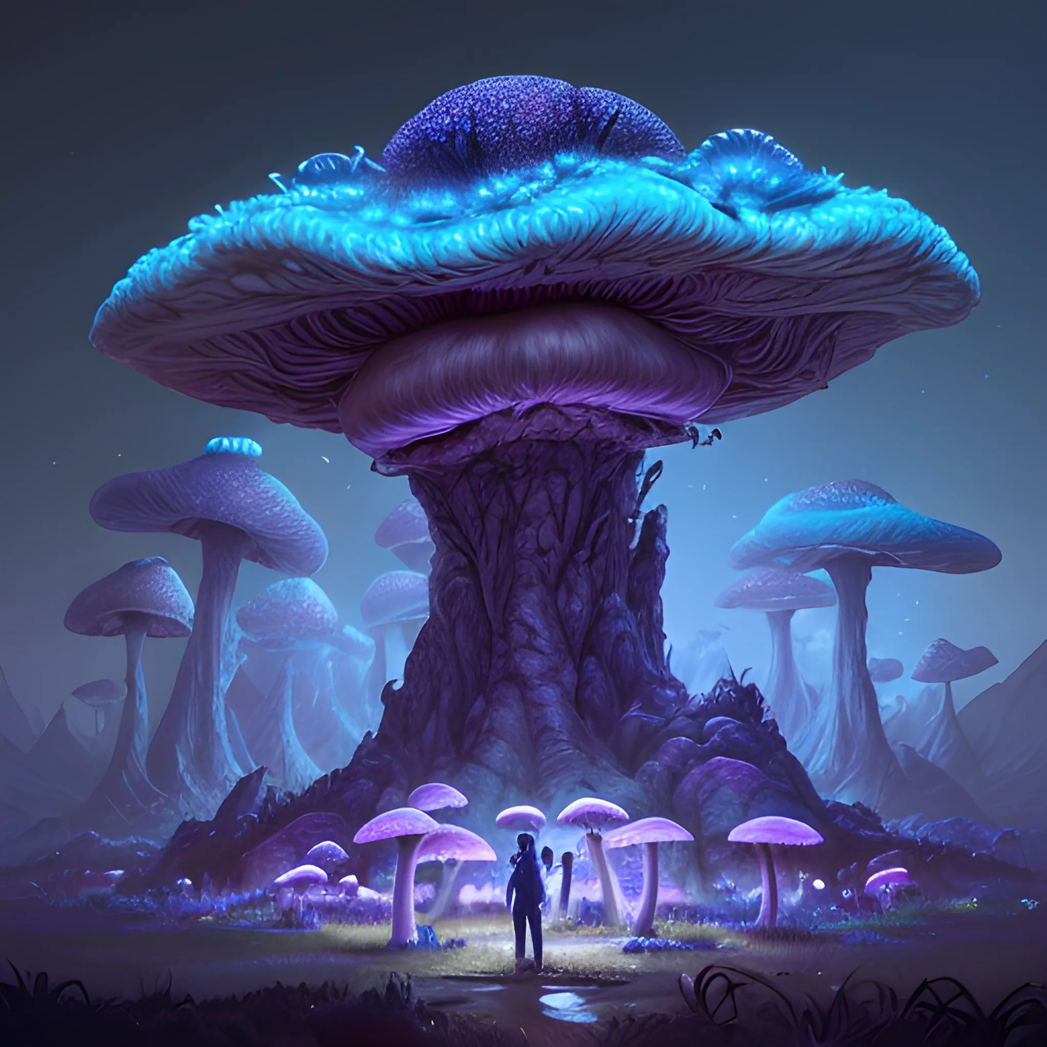 A big white male bodybuilder.  He is extremely handsome. concept art painting of a fantasy alien fungal landscape at night, with glowing blue lights, glowing blue mushrooms, dark purple sky, realistic, detailed, cel shaded, in the style of makoto shinkai and greg rutkowski and albert bierstadt and james gurney 