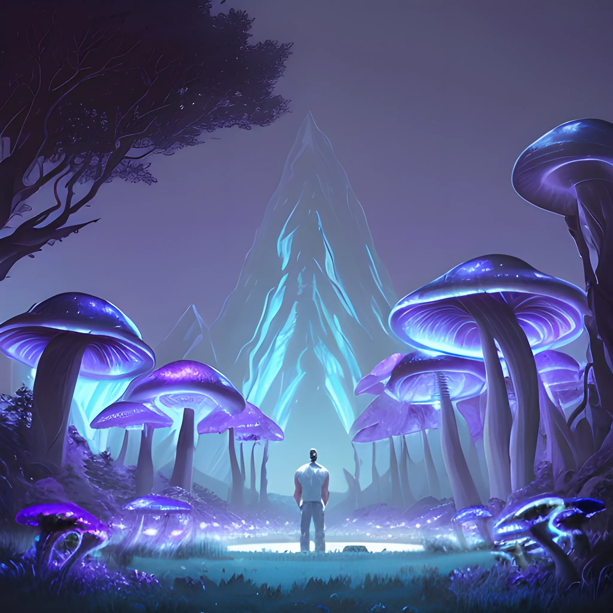 A big white male bodybuilder.  He is extremely handsome. concept art painting of a fantasy white male body builder in a landscape at night, with glowing blue lights, glowing blue mushrooms, dark purple sky, realistic, detailed, cel shaded, in the style of makoto shinkai and greg rutkowski and albert bierstadt and james gurney 