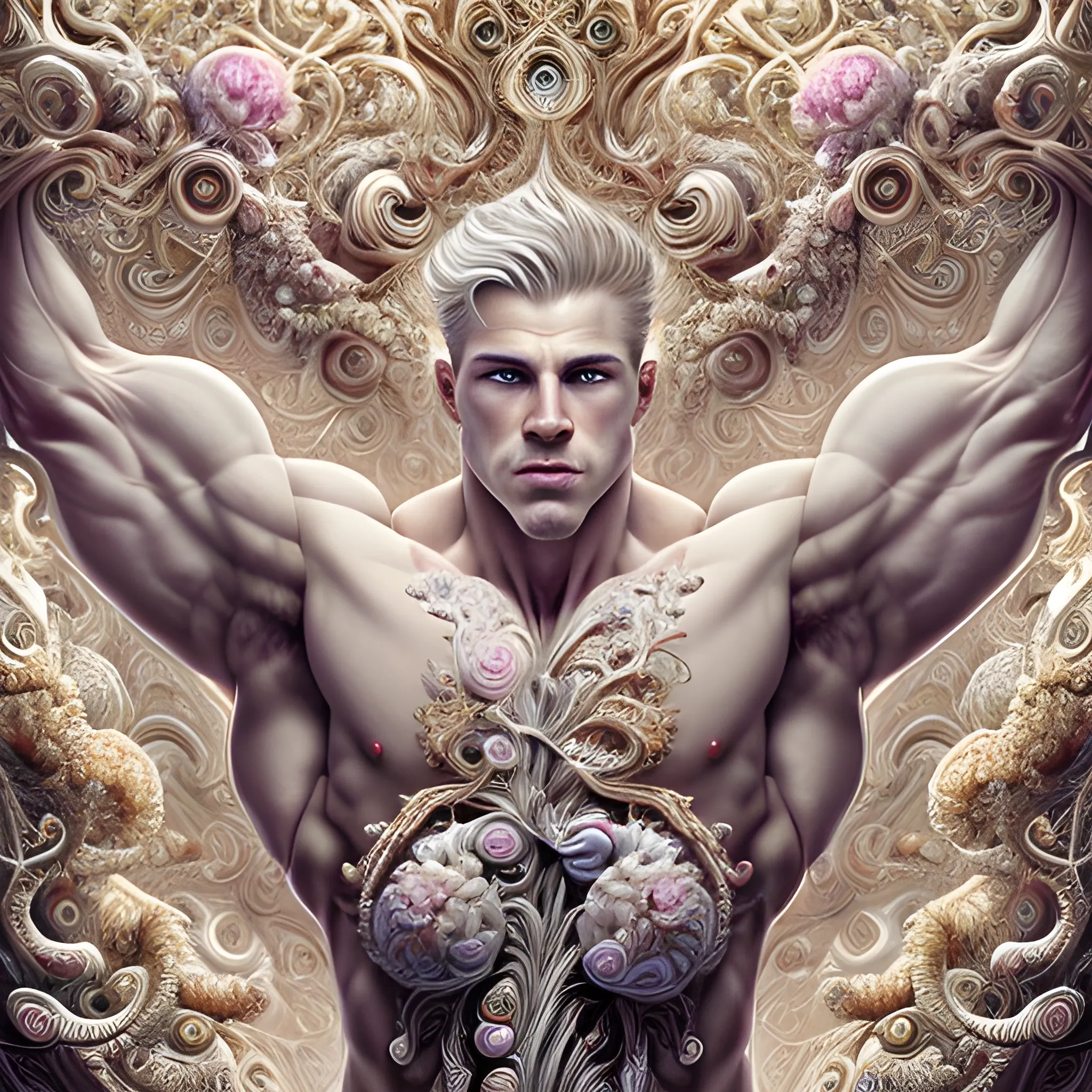 A white male bodybuilder.  He is handsome and flexing his muscles. an ultra hd detailed painting of many different types of flowers by Android Jones, Earnst Haeckel, James Jean. behance contest winner, generative art, Baroque, intricate patterns, fractalism, rococo.  A white male bodybuilder.  
