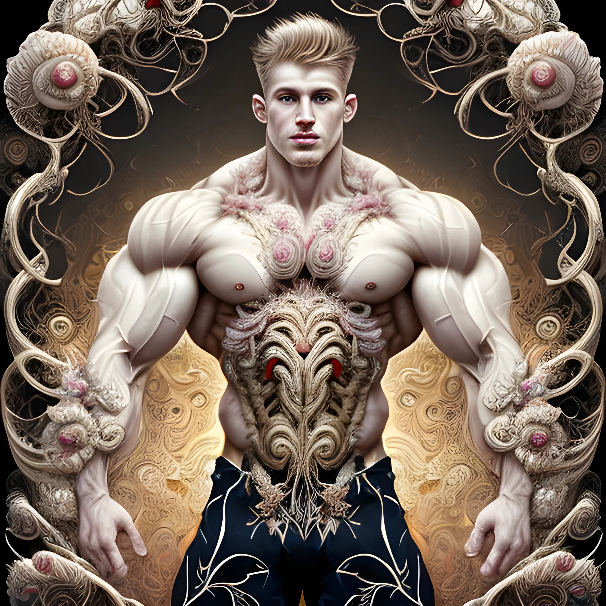 A white male bodybuilder.  He is handsome and flexing his muscles. an ultra hd detailed painting of many different types of flowers by Android Jones, Earnst Haeckel, James Jean. behance contest winner, generative art, Baroque, intricate patterns, fractalism, rococo.  A white male bodybuilder.  
