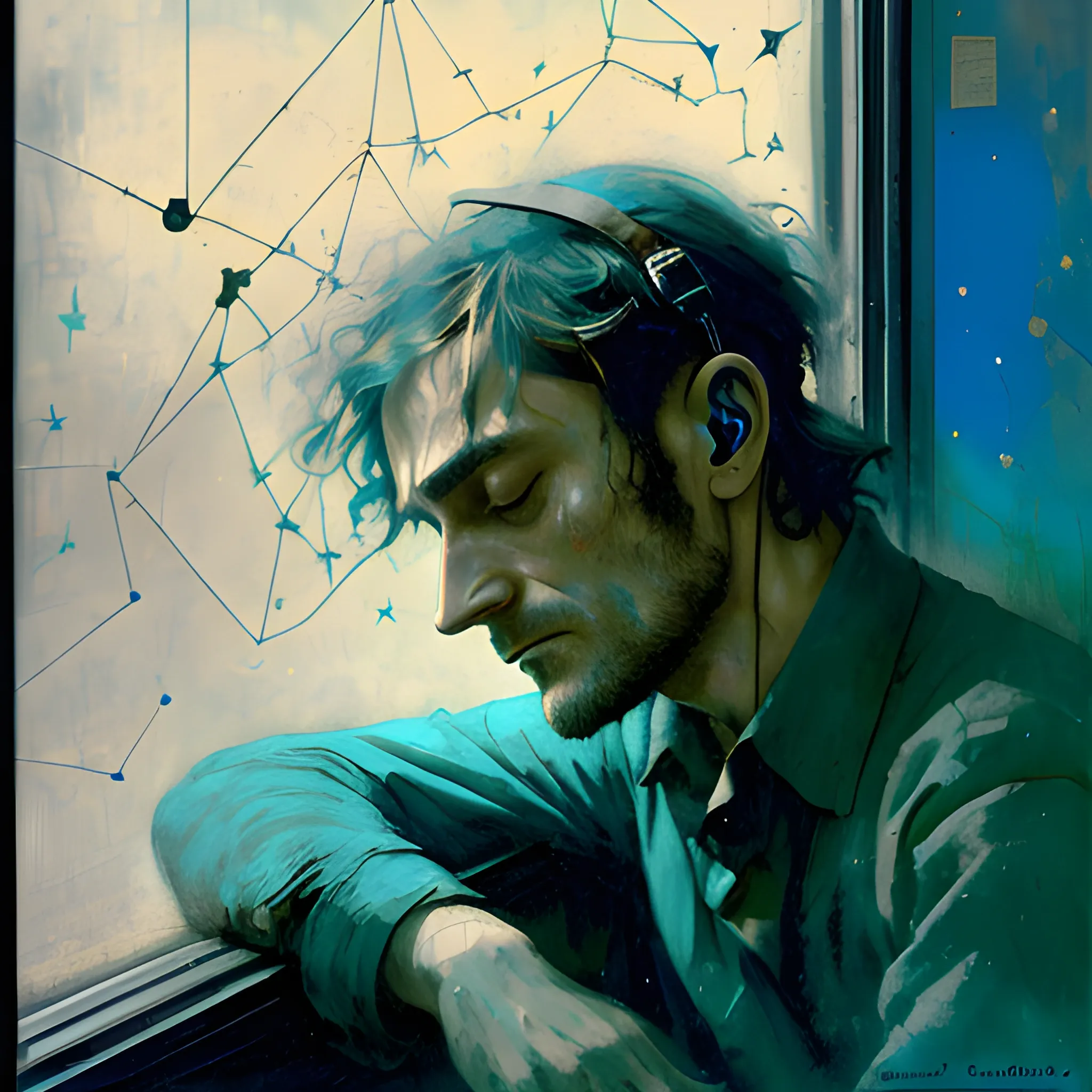 Antonin Artaud, headphones, sleeping, in bus, star map outside, in the style of Pino Daeni, outside shine, , window , tranquil shadow dream fluctuation, , interior, door, electric powder blue, scarlet and emerald tinge, soviet, silent contemplation , expand, Matte, Focal