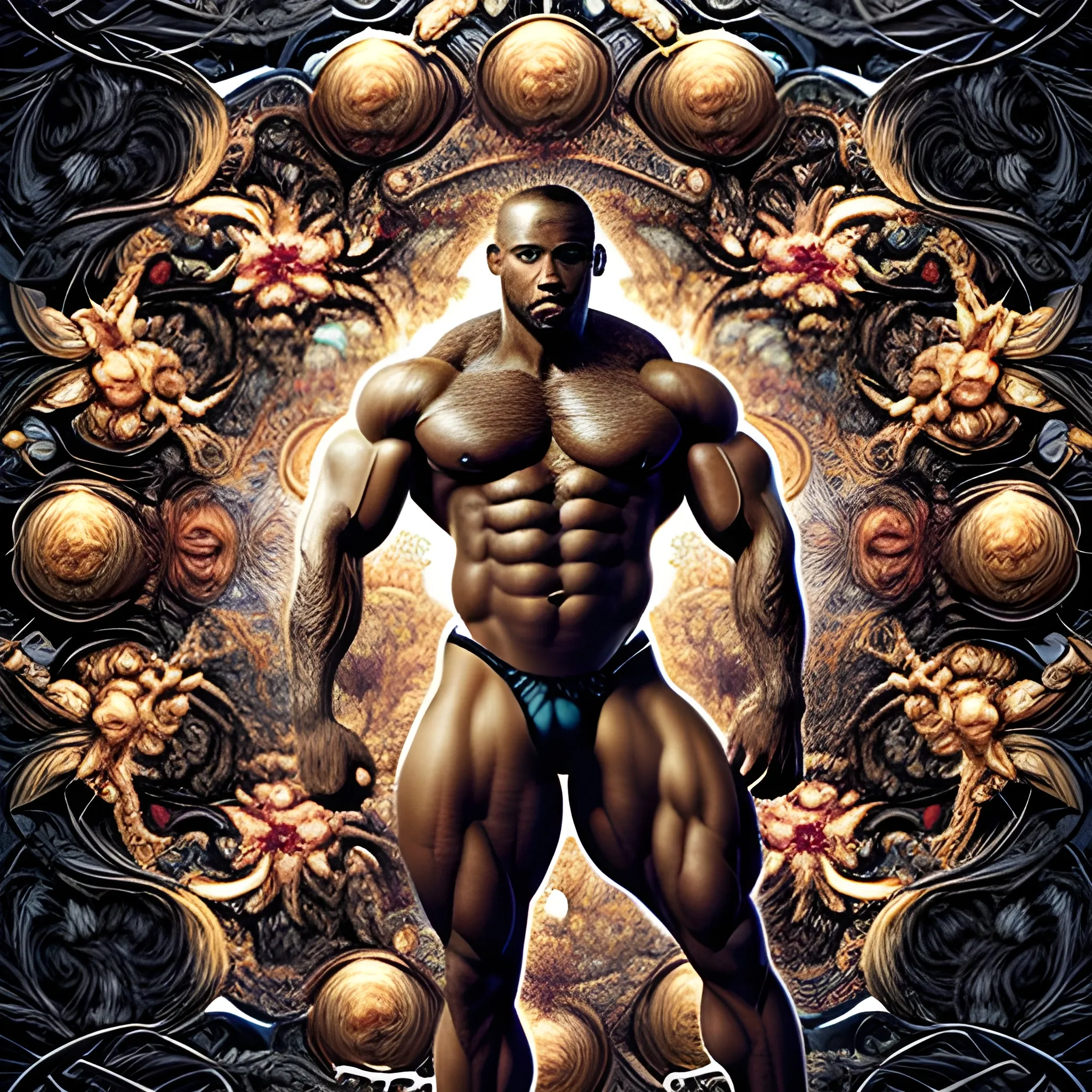 A black male bodybuilder.  He is handsome and flexing his muscles. an ultra hd detailed painting of many different types of flowers by Android Jones, Earnst Haeckel, James Jean. behance contest winner, generative art, Baroque, intricate patterns, fractalism, rococo.  A black male bodybuilder.  
