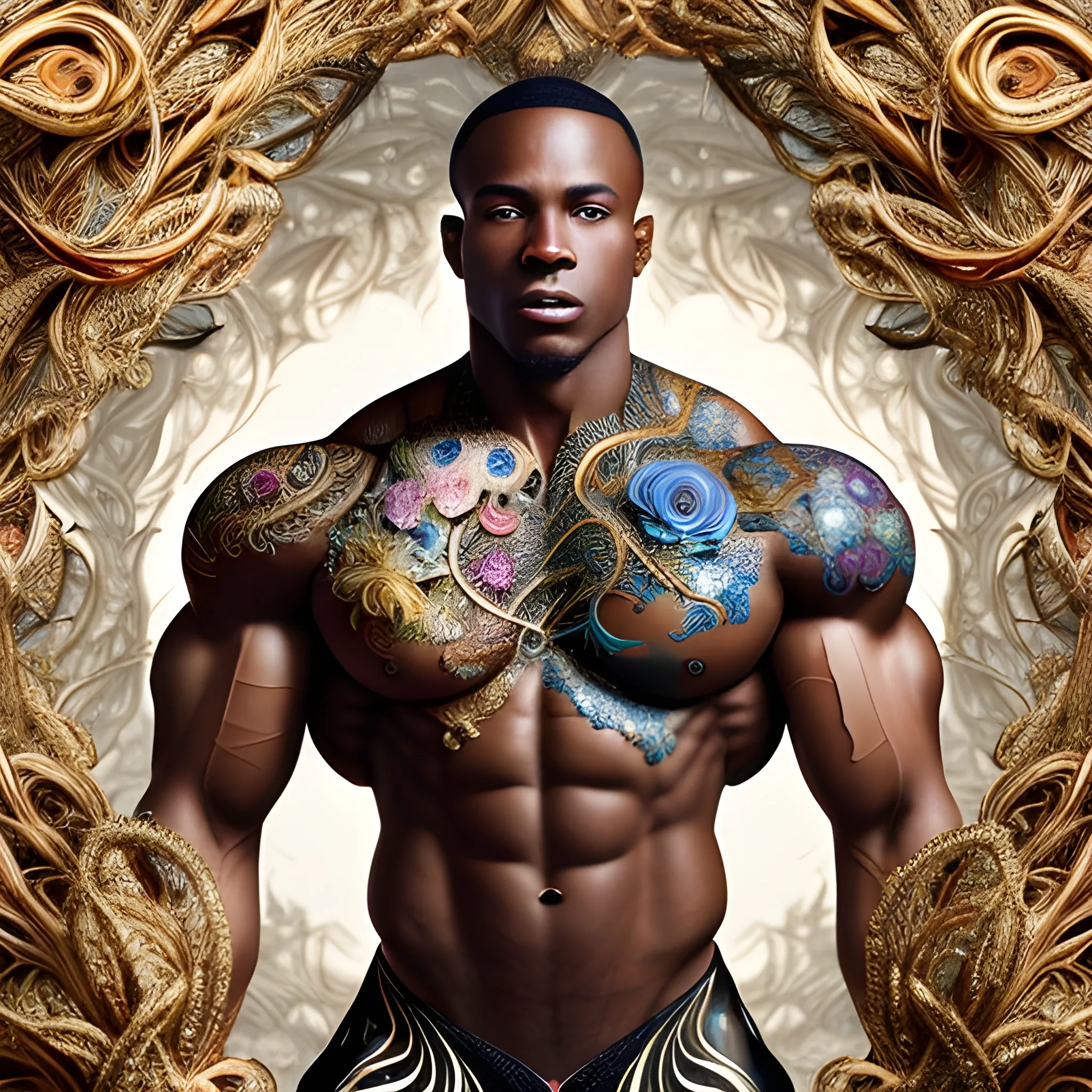 A black male bodybuilder.  He is handsome and flexing his muscles. an ultra hd detailed painting of many different types of flowers by Android Jones, Earnst Haeckel, James Jean. behance contest winner, generative art, Baroque, intricate patterns, fractalism, rococo.  A black male bodybuilder.  
