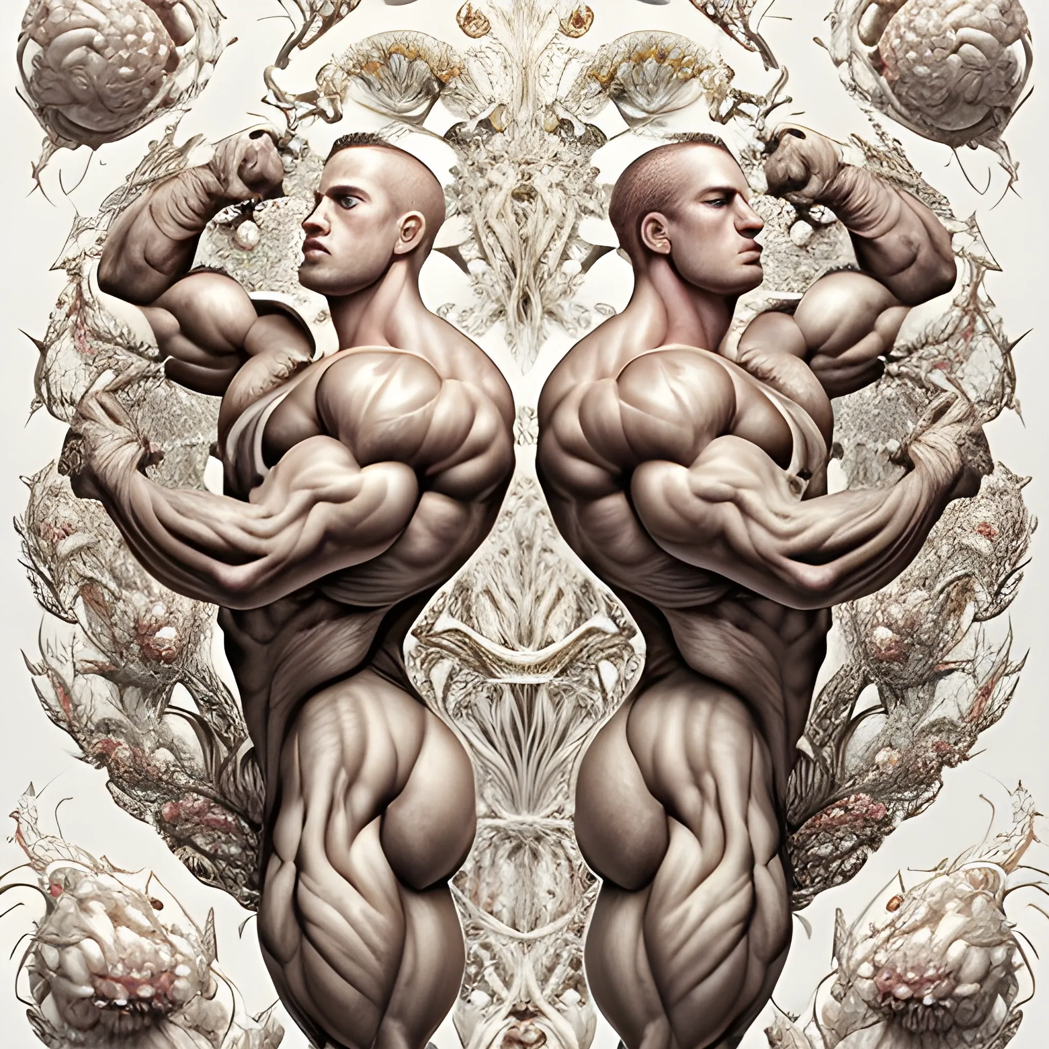 Two white male bodybuilders.  They are handsome and flexing their muscles. an ultra hd detailed painting of many different types of flowers by Android Jones, Earnst Haeckel, James Jean. behance contest winner, generative art, Baroque, intricate patterns, fractalism, rococo.  Two white male bodybuilders.  
