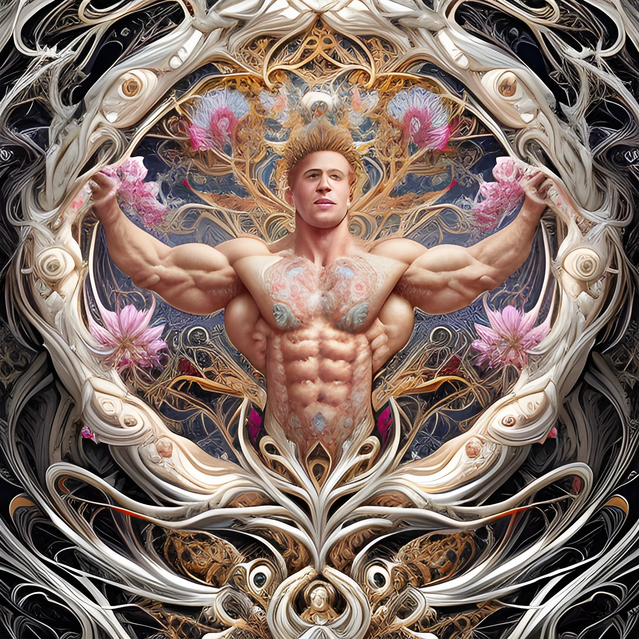 Two white male bodybuilders.  They are handsome and flexing their muscles. an ultra hd detailed painting of many different types of flowers by Android Jones, Earnst Haeckel, James Jean. behance contest winner, generative art, Baroque, intricate patterns, fractalism, rococo.  Two white male bodybuilders.  