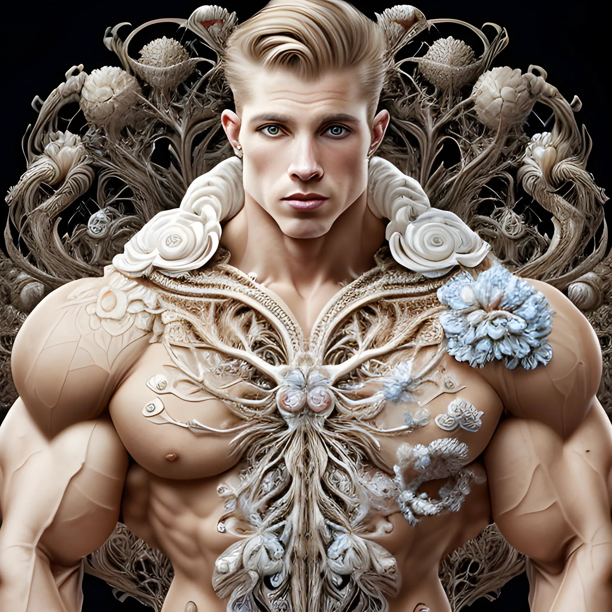 A white male bodybuilder.  He is handsome and flexing his muscles. an ultra hd detailed painting of many different types of flowers by Android Jones, Earnst Haeckel, James Jean. behance contest winner, generative art, Baroque, intricate patterns, fractalism, rococo.  A white male bodybuilder.  
