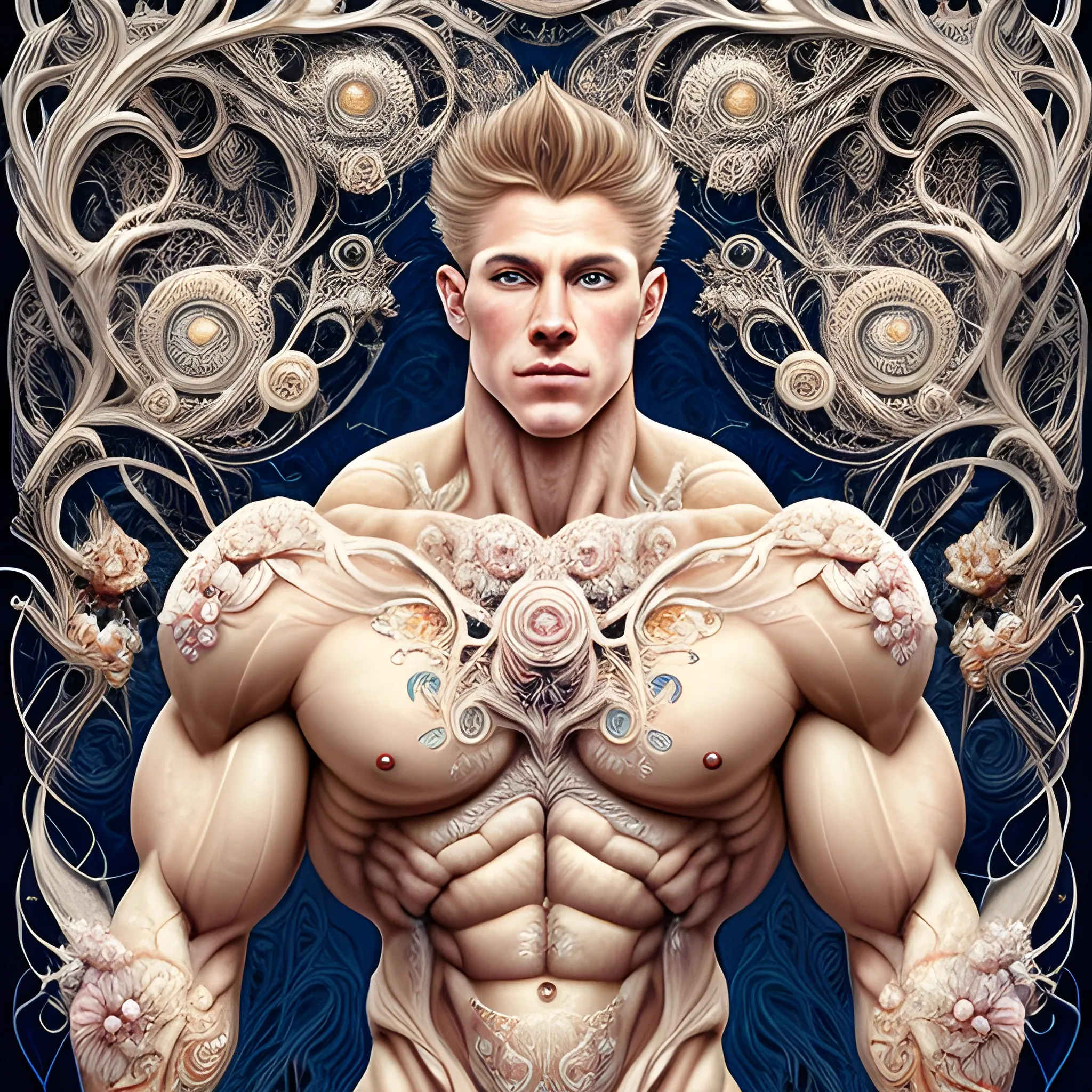 A white male bodybuilder.  He is handsome and flexing his muscles. an ultra hd detailed painting of many different types of flowers by Android Jones, Earnst Haeckel, James Jean. behance contest winner, generative art, Baroque, intricate patterns, fractalism, rococo.  A white male bodybuilder.  
