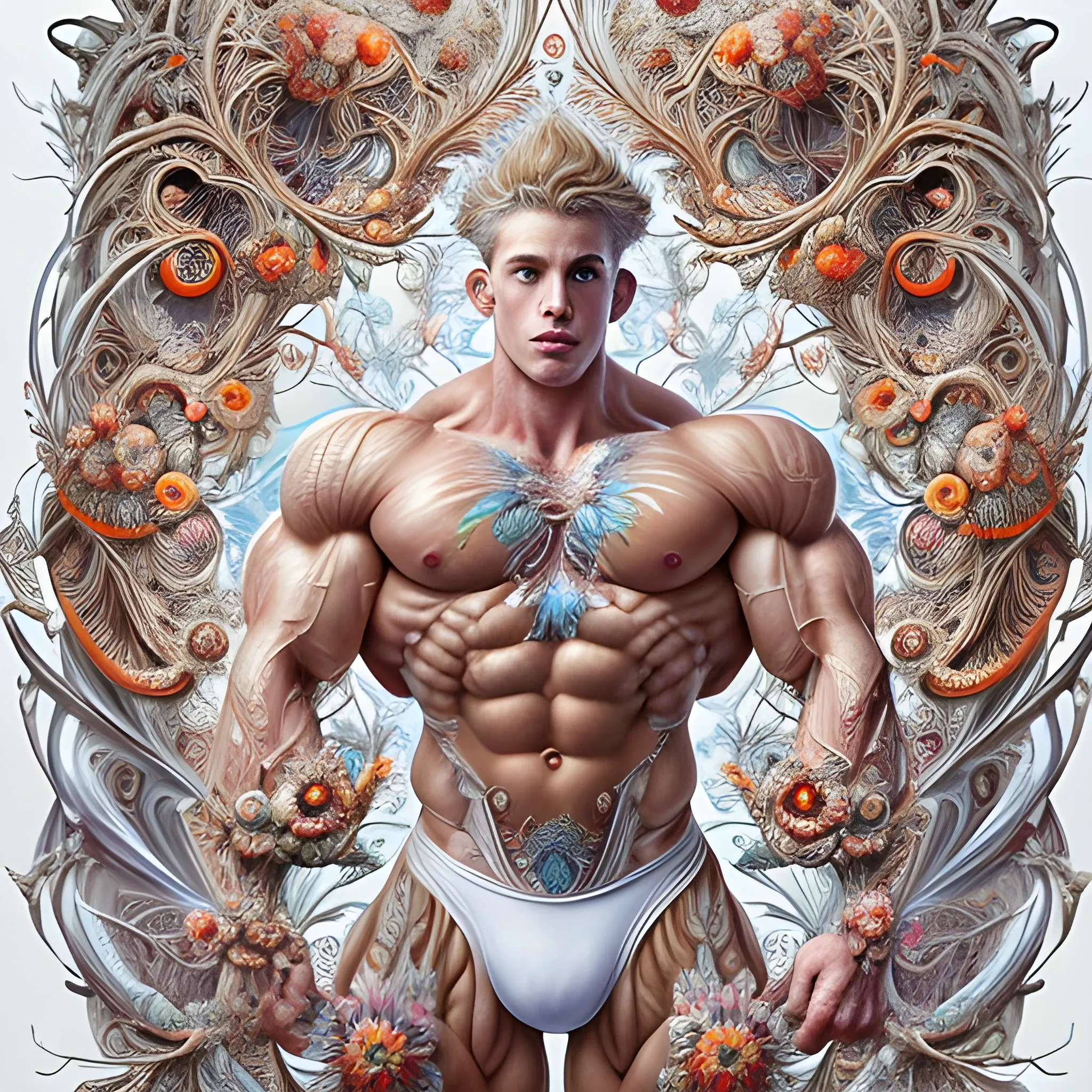 A white male bodybuilder.  He is handsome and flexing his muscles. an ultra hd detailed painting of many different types of flowers by Android Jones, Earnst Haeckel, James Jean. behance contest winner, generative art, Baroque, intricate patterns, fractalism, rococo.  A white male bodybuilder.  colourful and bright

