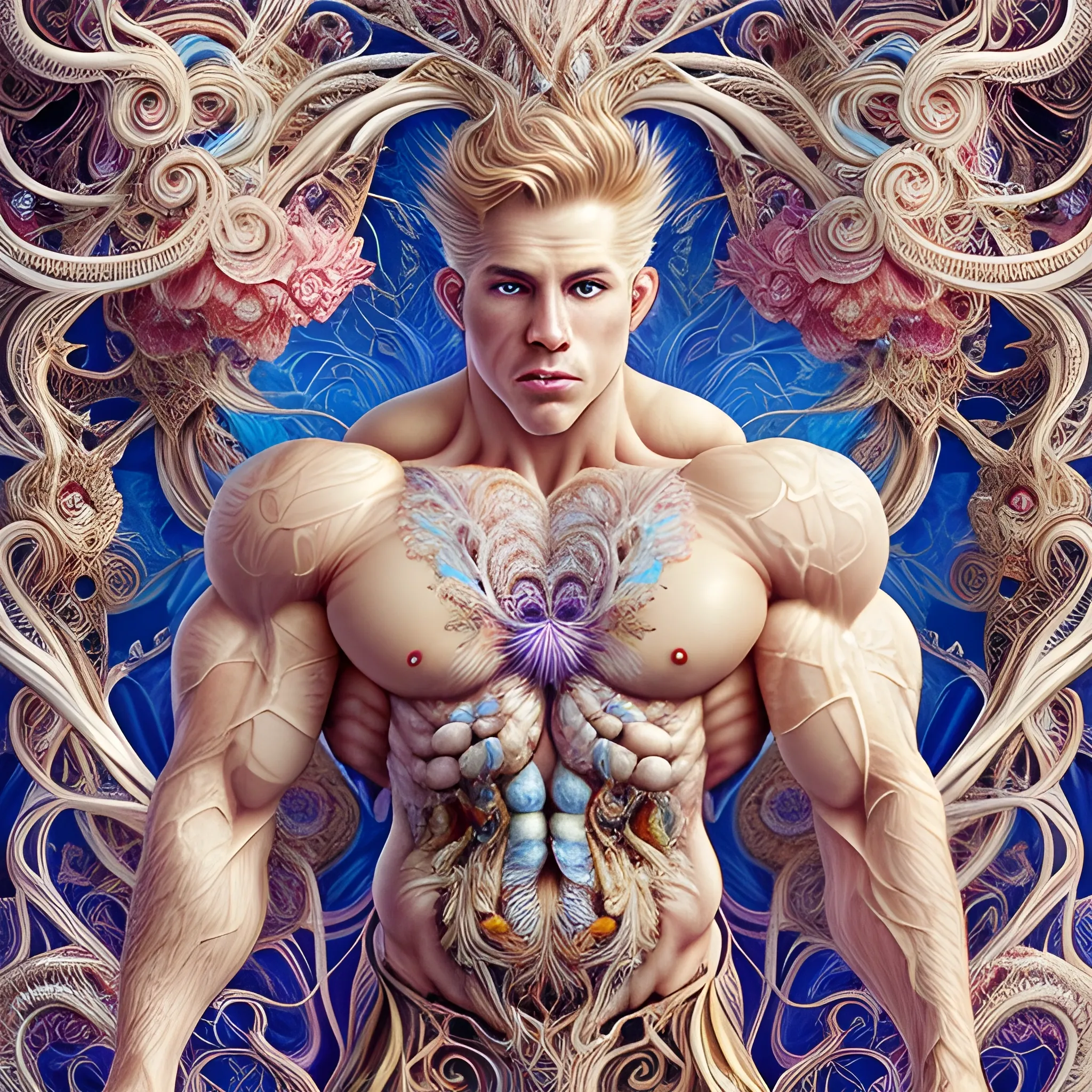 A white male bodybuilder.  He is handsome and flexing his muscles. an ultra hd detailed painting of many different types of flowers by Android Jones, Earnst Haeckel, James Jean. behance contest winner, generative art, Baroque, intricate patterns, fractalism, rococo.  A white male bodybuilder.  colourful and bright
