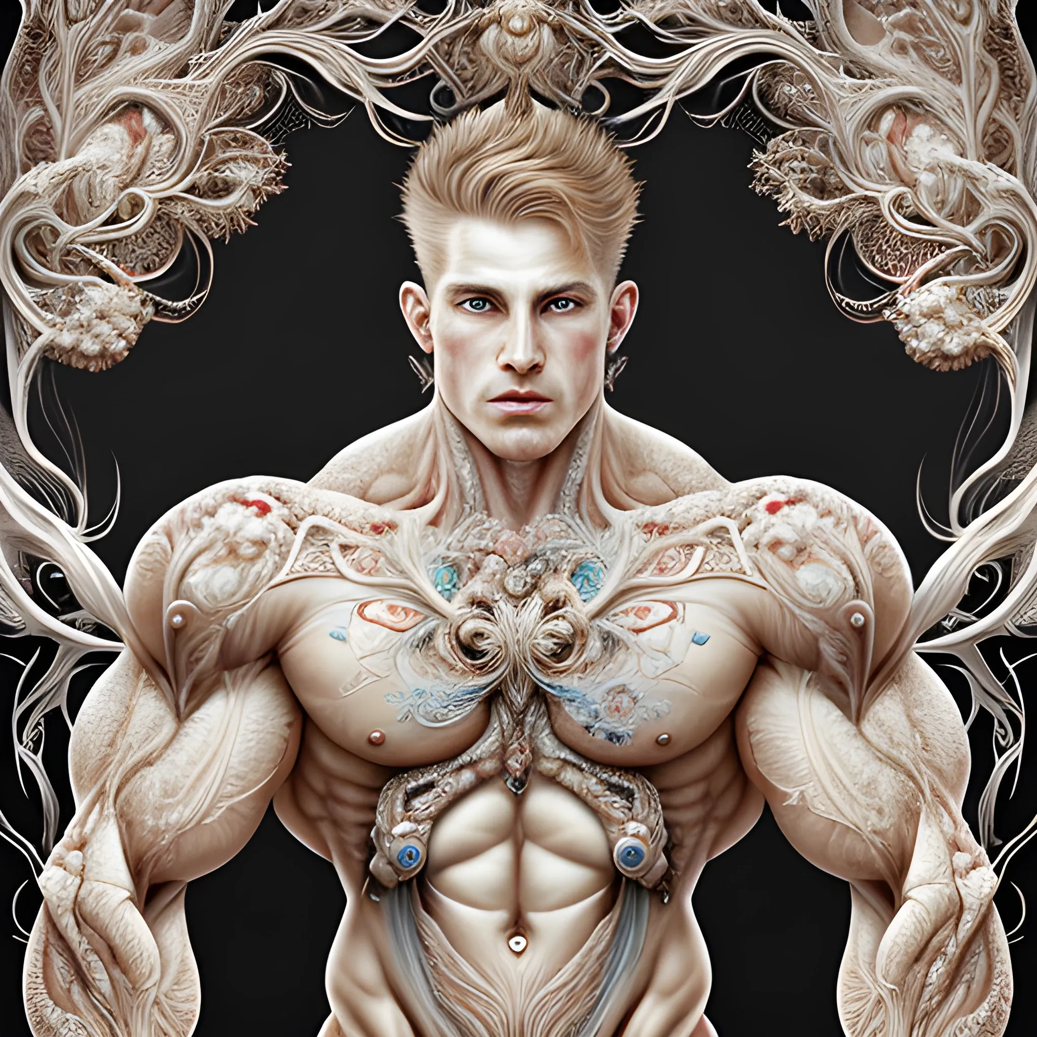 A white male bodybuilder.  He is handsome and flexing his muscles. an ultra hd detailed painting of many different types of flowers by Android Jones, Earnst Haeckel, James Jean. behance contest winner, generative art, Baroque, intricate patterns, fractalism, rococo.  A white male bodybuilder.  
