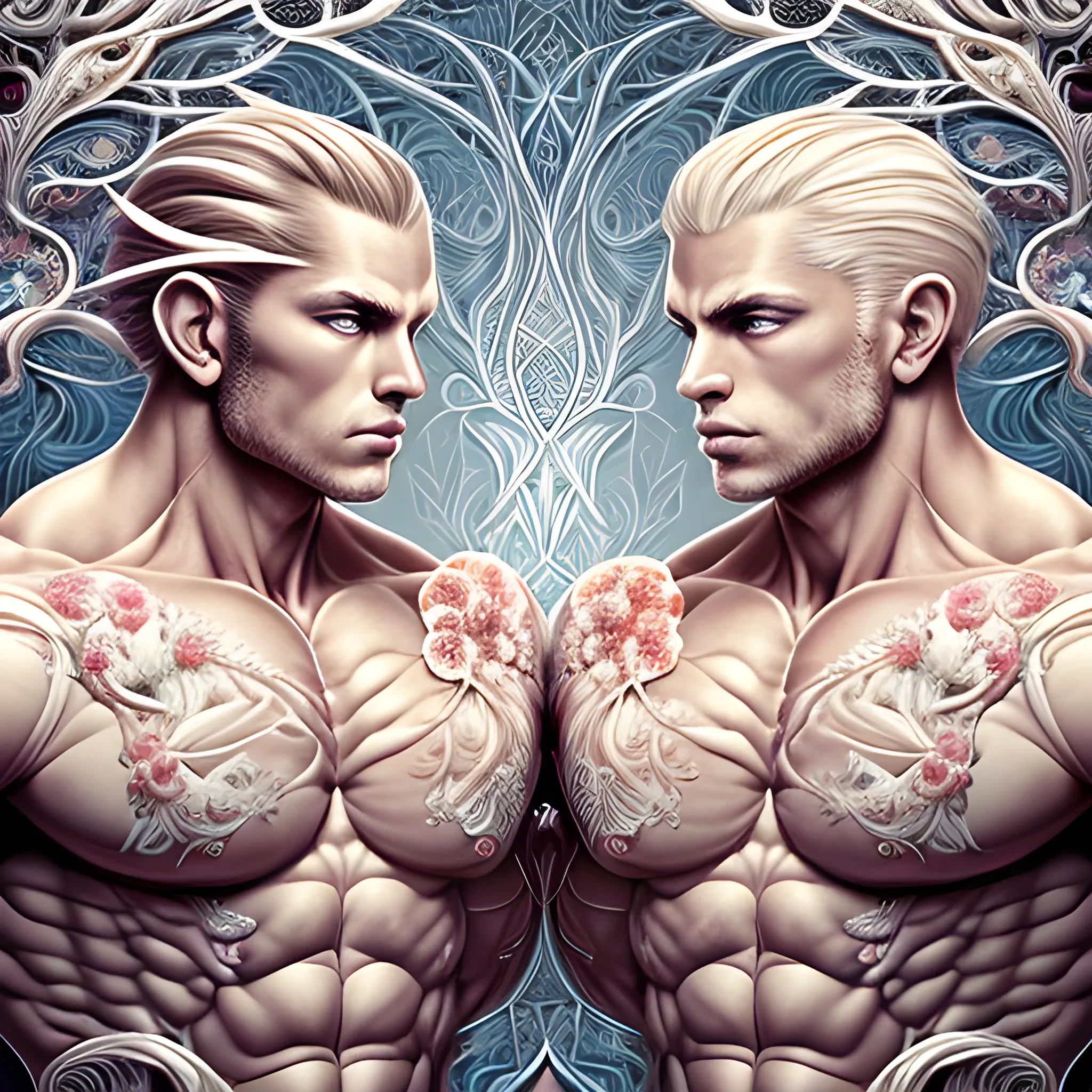 Two white male bodybuilders.  They are handsome and flexing their muscles. an ultra hd detailed painting of many different types of flowers by Android Jones, Earnst Haeckel, James Jean. behance contest winner, generative art, Baroque, intricate patterns, fractalism, rococo.  Two white male bodybuilders.  
