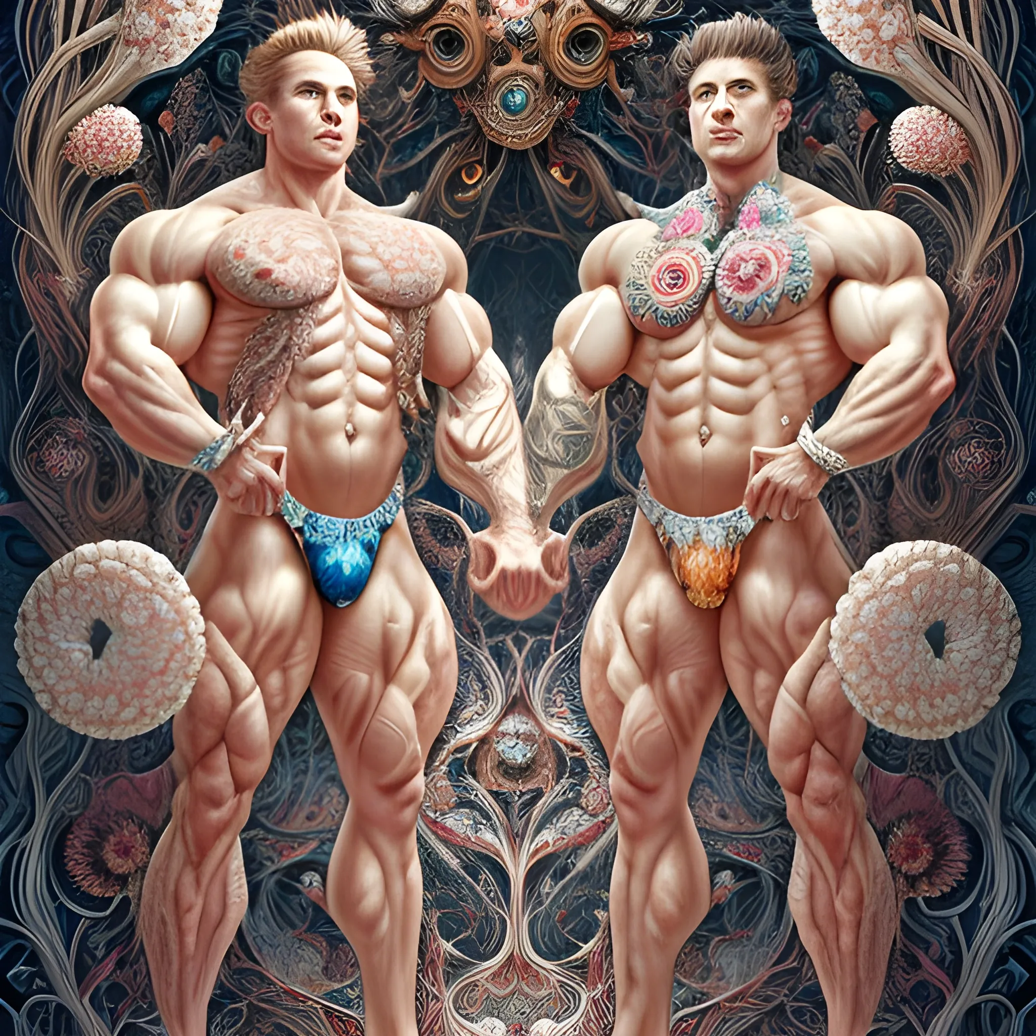 Two white male bodybuilders.  They are handsome and flexing their muscles. an ultra hd detailed painting of many different types of flowers by Android Jones, Earnst Haeckel, James Jean. behance contest winner, generative art, Baroque, intricate patterns, fractalism, rococo.  Two white male bodybuilders.  
