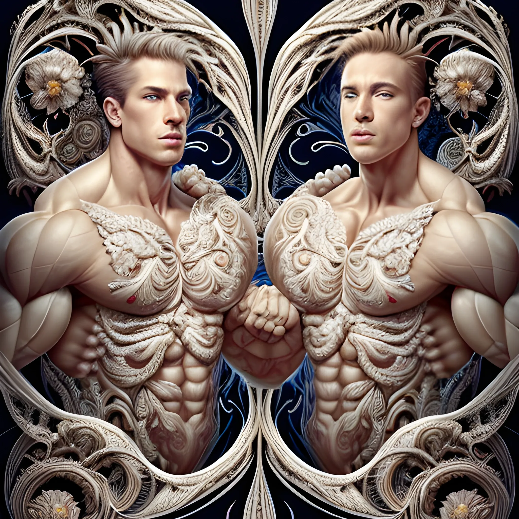 Two white male bodybuilders.  They are handsome and flexing their muscles. an ultra hd detailed painting of many different types of flowers by Android Jones, Earnst Haeckel, James Jean. behance contest winner, generative art, Baroque, intricate patterns, fractalism, rococo.  Two white male bodybuilders.  
