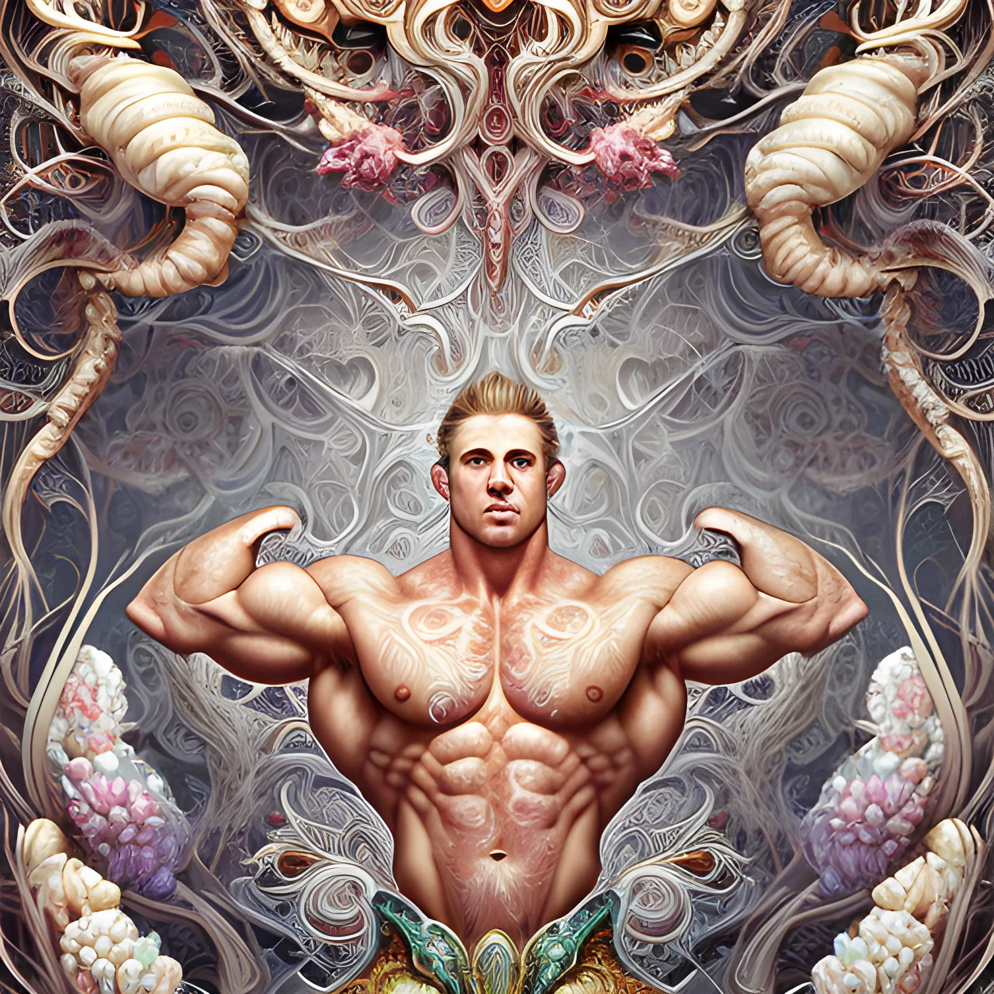 Three white male bodybuilders.  They are handsome and flexing their muscles. an ultra hd detailed painting of many different types of flowers by Android Jones, Earnst Haeckel, James Jean. behance contest winner, generative art, Baroque, intricate patterns, fractalism, rococo.  Three white male bodybuilders.  
