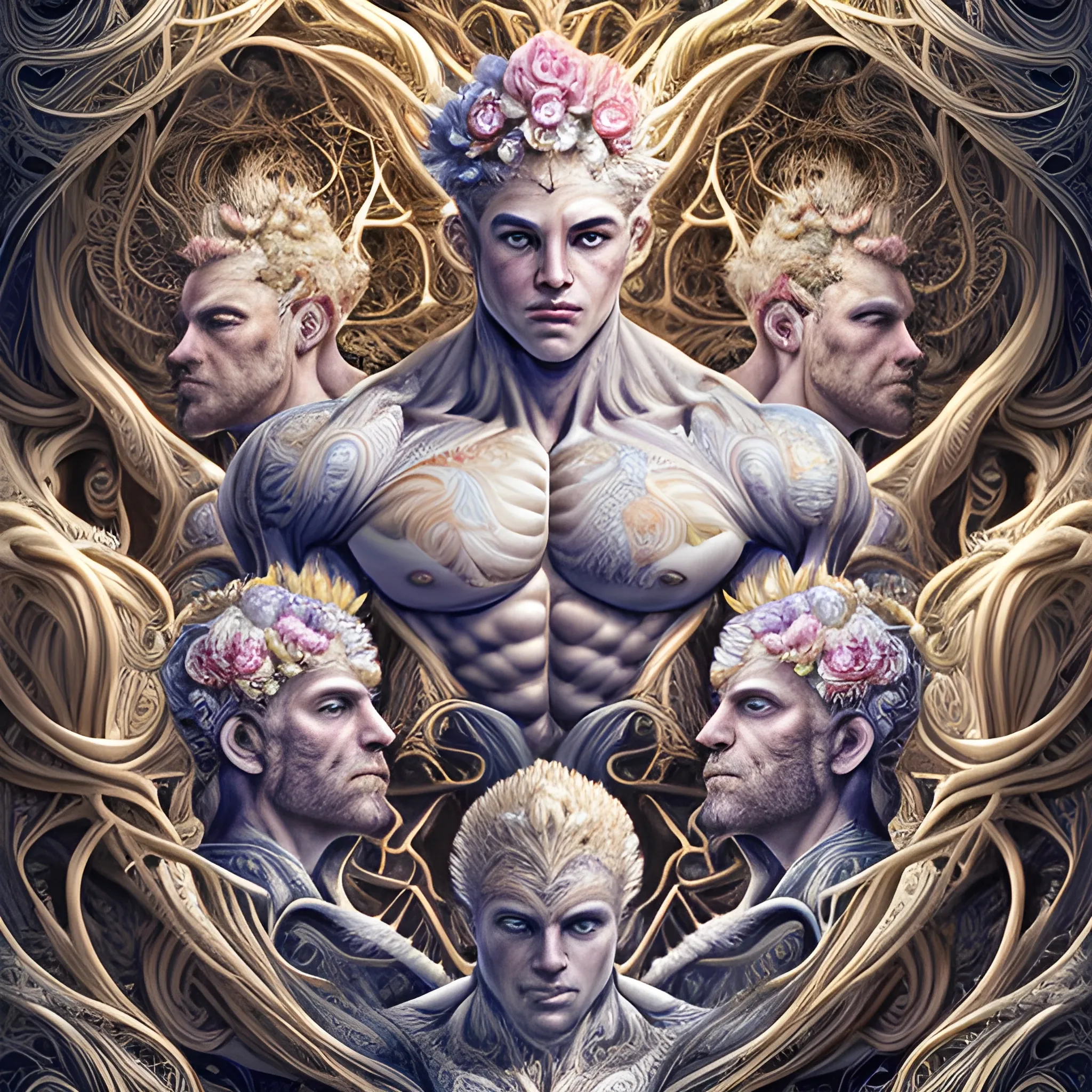 Three white male bodybuilders.  They are handsome and flexing their muscles. an ultra hd detailed painting of many different types of flowers by Android Jones, Earnst Haeckel, James Jean. behance contest winner, generative art, Baroque, intricate patterns, fractalism, rococo.  Three white male bodybuilders.  
