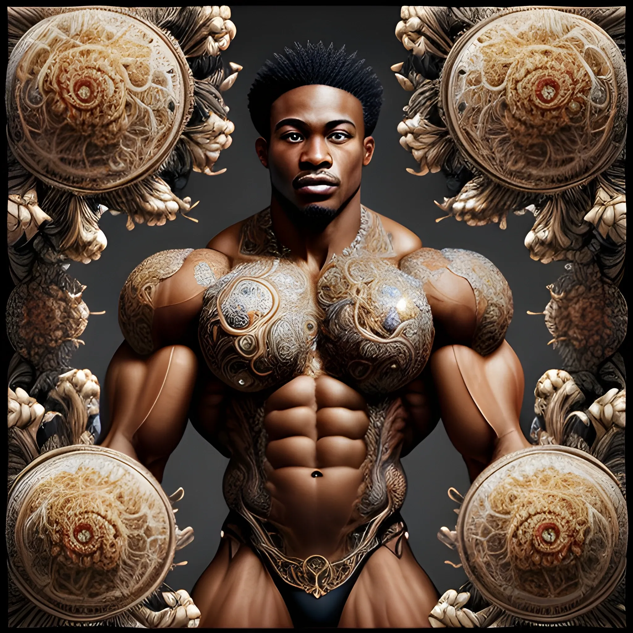 A black male bodybuilder.  He is handsome and flexing his muscles. an ultra hd detailed painting of many different types of flowers by Android Jones, Earnst Haeckel, James Jean. behance contest winner, generative art, Baroque, intricate patterns, fractalism, rococo.  A black male bodybuilder.  

