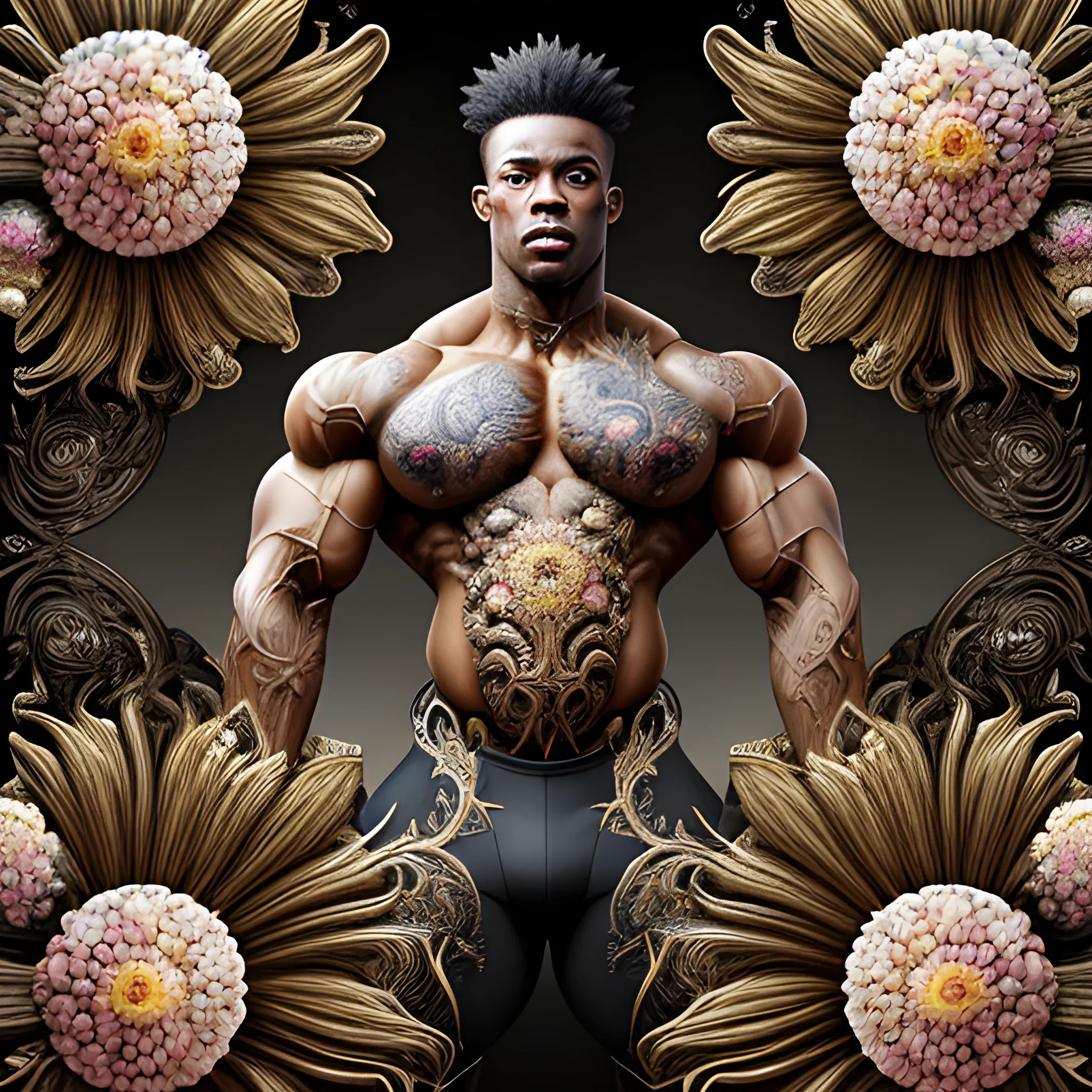 A black male bodybuilder.  He is handsome and flexing his muscles. an ultra hd detailed painting of many different types of flowers by Android Jones, Earnst Haeckel, James Jean. behance contest winner, generative art, Baroque, intricate patterns, fractalism, rococo.  A black male bodybuilder.  

