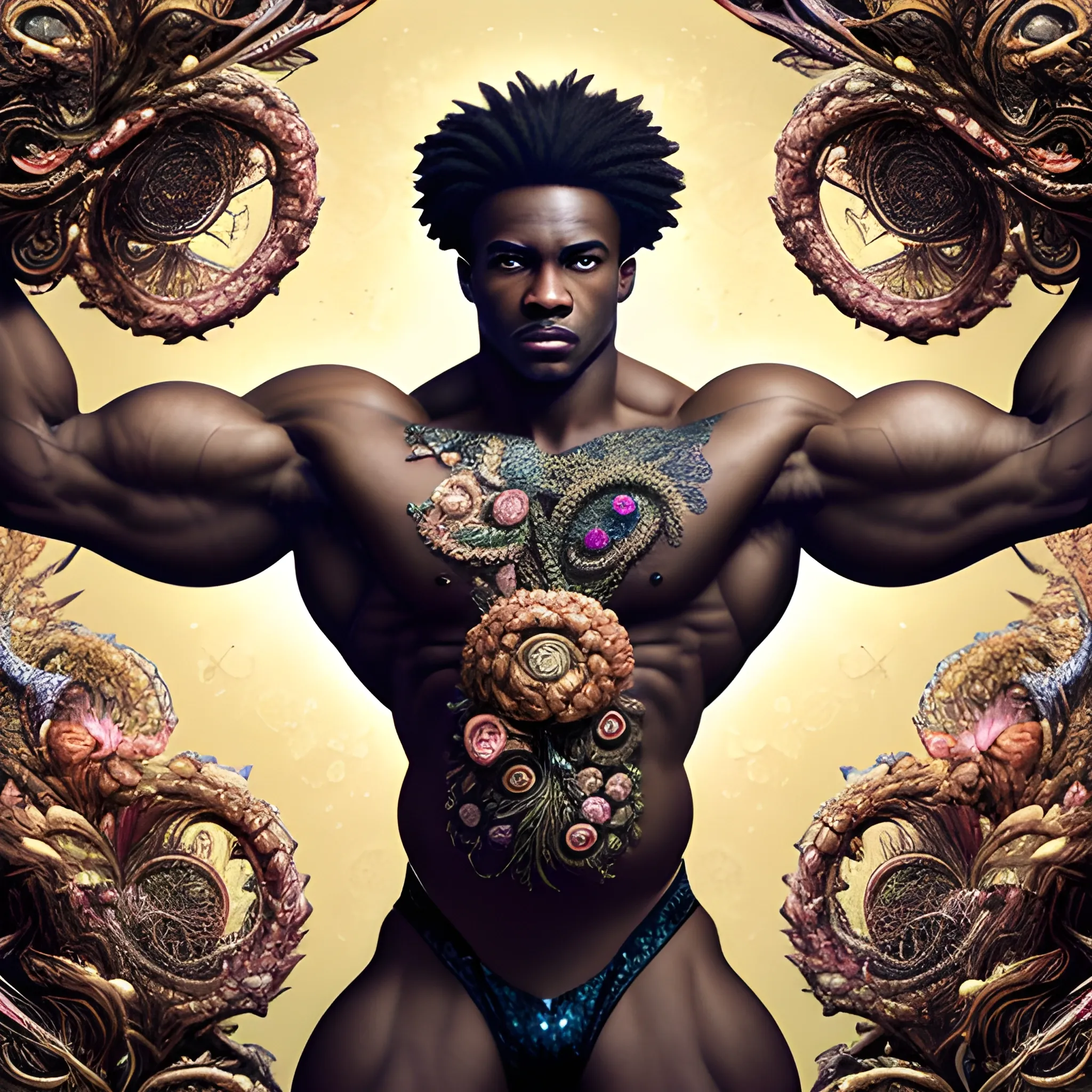 A black male bodybuilder.  He is handsome and flexing his muscles. an ultra hd detailed painting of many different types of flowers by Android Jones, Earnst Haeckel, James Jean. behance contest winner, generative art, Baroque, intricate patterns, fractalism, rococo.  A black male bodybuilder.  

