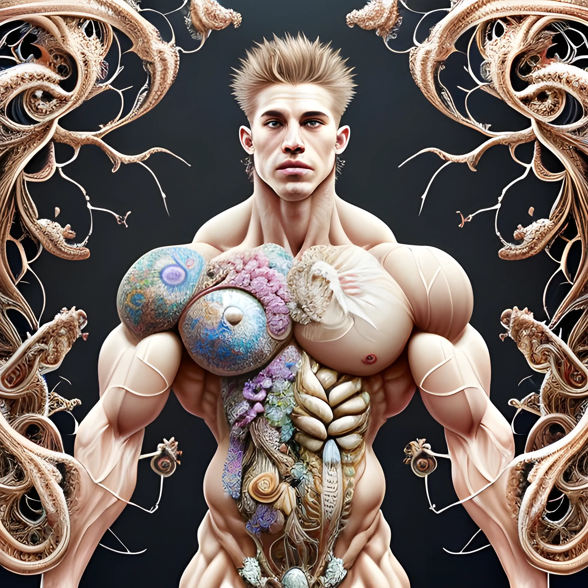 A white male bodybuilder.  He is handsome and flexing his muscles. an ultra hd detailed painting of many different types of flowers by Android Jones, Earnst Haeckel, James Jean. behance contest winner, generative art, Baroque, intricate patterns, fractalism, rococo.  A white male bodybuilder.  
