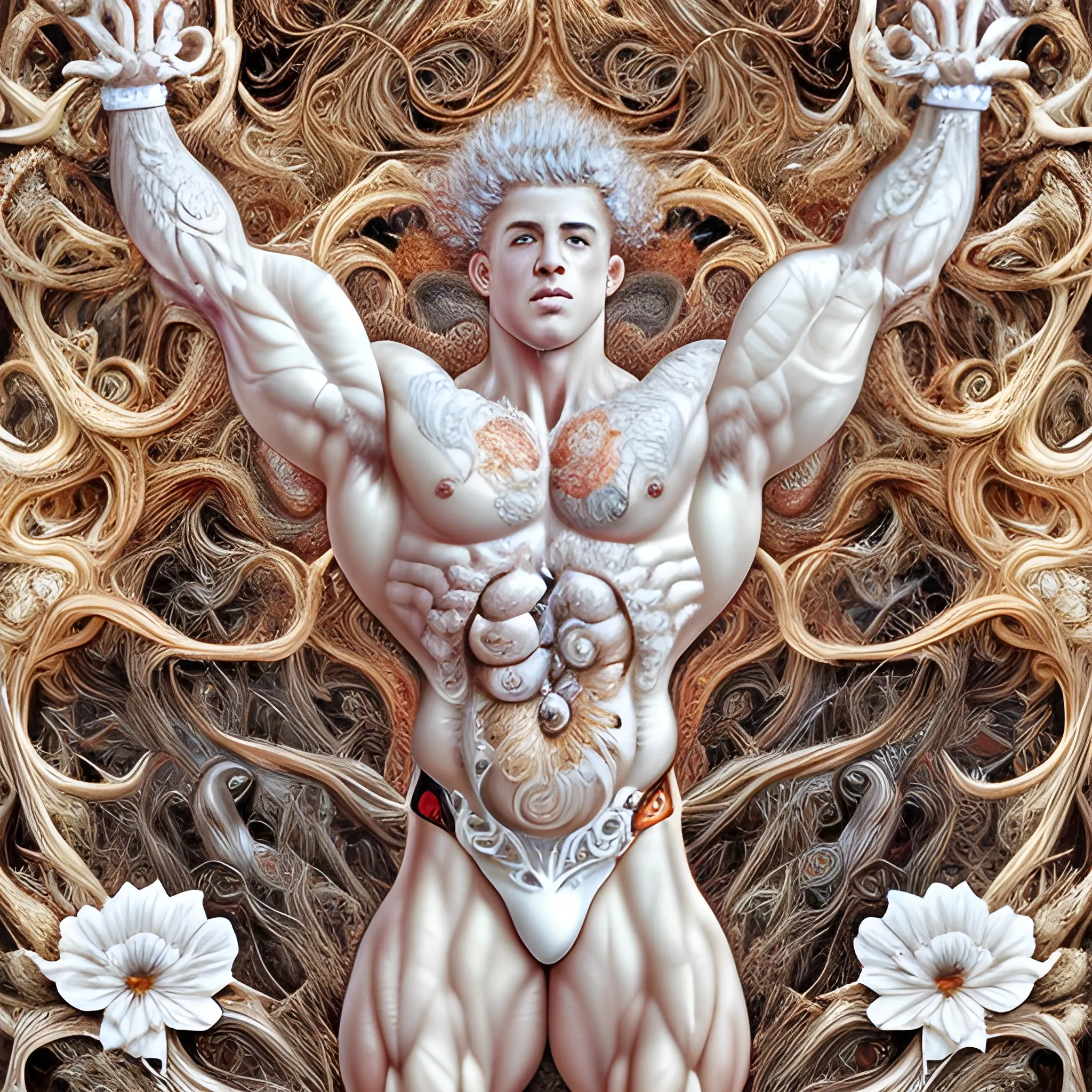 A white male bodybuilder.  He is handsome and flexing his muscles. an ultra hd detailed painting of many different types of flowers by Android Jones, Earnst Haeckel, James Jean. behance contest winner, generative art, Baroque, intricate patterns, fractalism, rococo.  A white male bodybuilder.  
