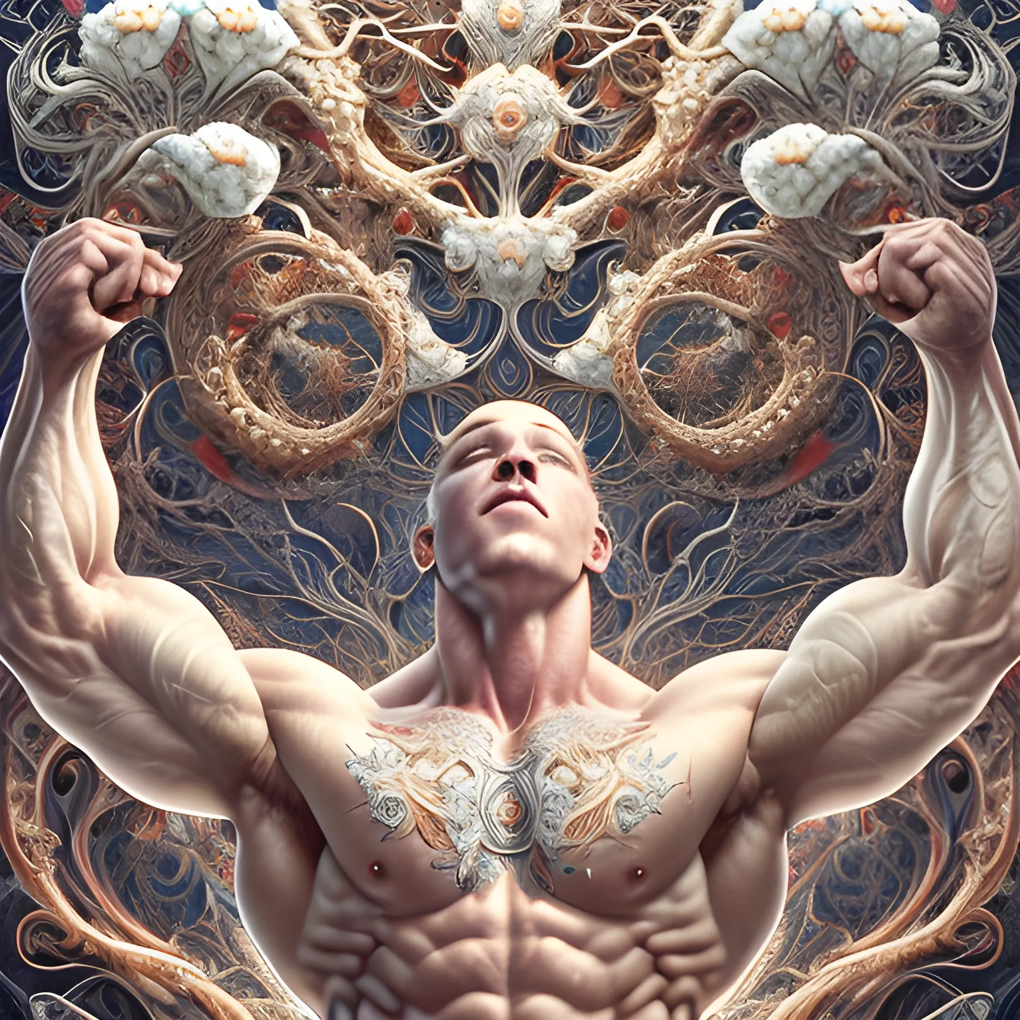 A white male bodybuilder.  He is handsome and flexing his muscles. an ultra hd detailed painting of many different types of flowers by Android Jones, Earnst Haeckel, James Jean. behance contest winner, generative art, Baroque, intricate patterns, fractalism, rococo.  A white male bodybuilder.  
