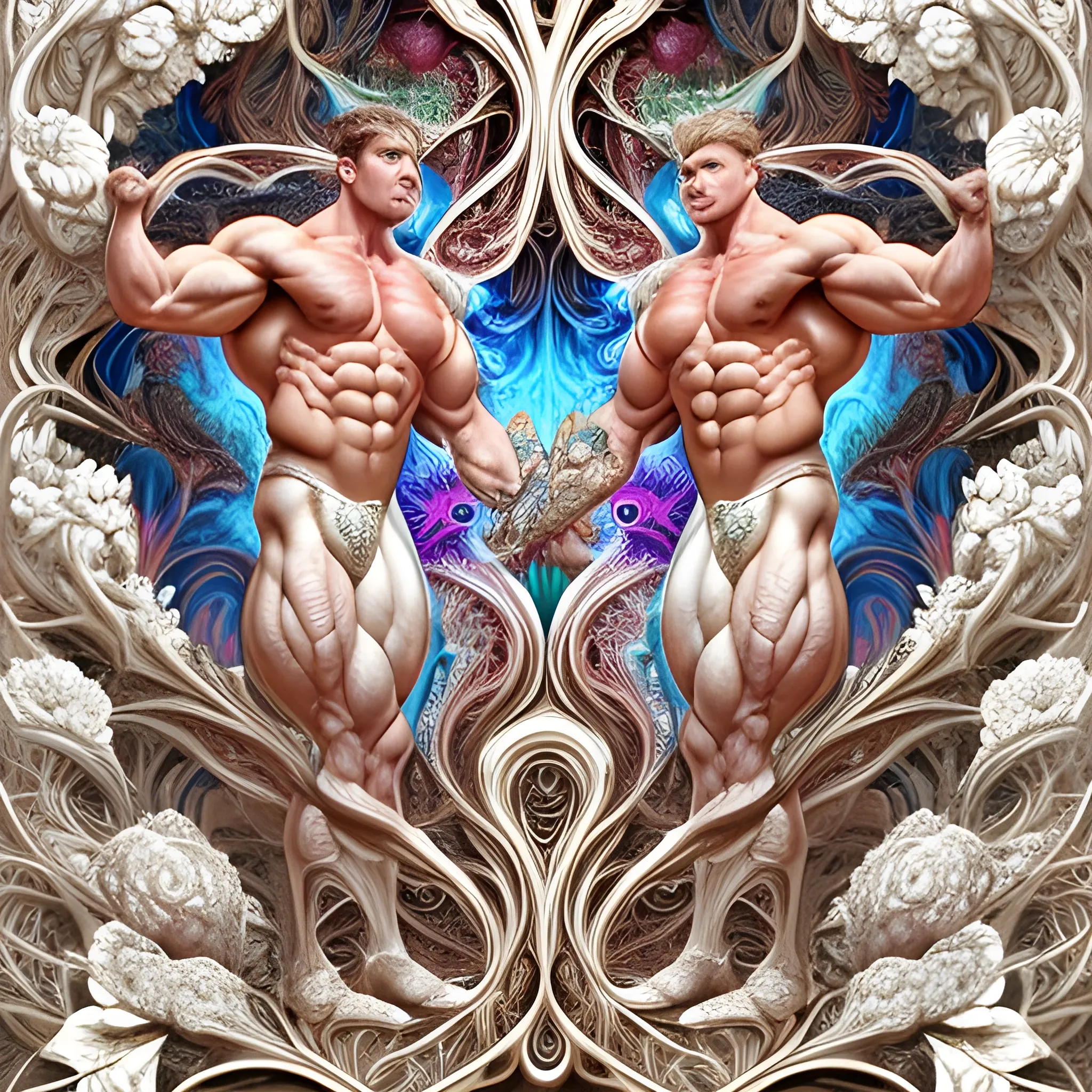 Two white male bodybuilders.  They are handsome and flexing their muscles. an ultra hd detailed painting of many different types of flowers by Android Jones, Earnst Haeckel, James Jean. behance contest winner, generative art, Baroque, intricate patterns, fractalism, rococo.  Two white male bodybuilders.  
