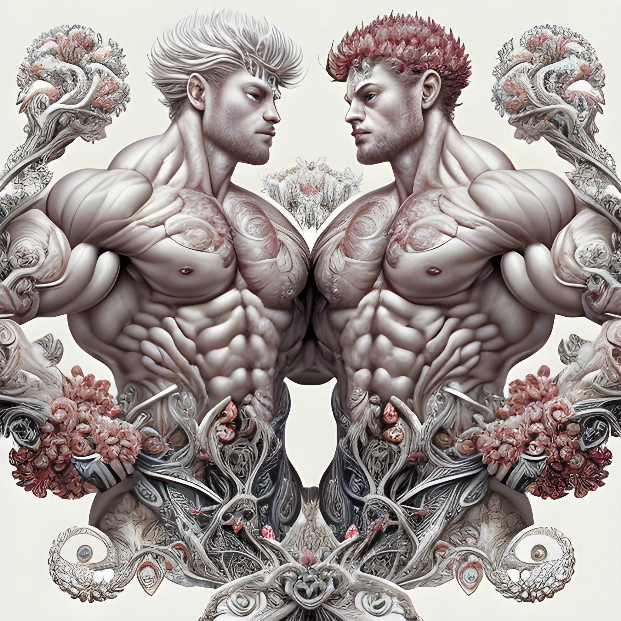 Two white male bodybuilders.  They are handsome and flexing their muscles. an ultra hd detailed painting of many different types of flowers by Android Jones, Earnst Haeckel, James Jean. behance contest winner, generative art, Baroque, intricate patterns, fractalism, rococo.  Two white male bodybuilders.  
