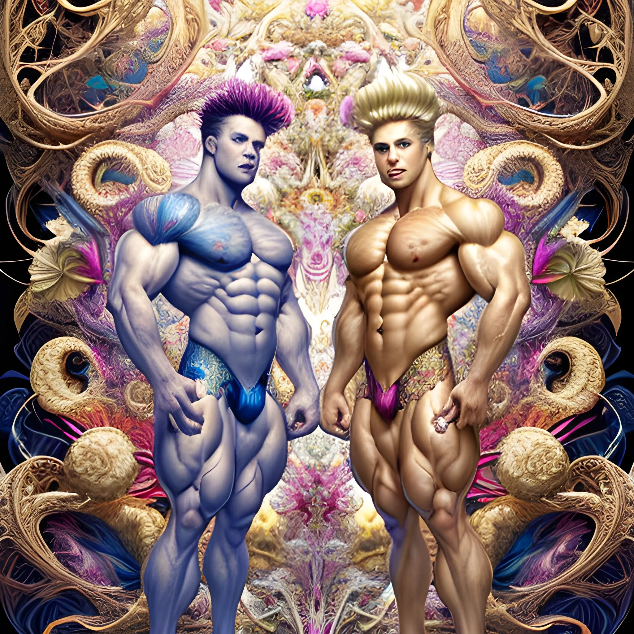 Two white male bodybuilders.  They are handsome and flexing their muscles. an ultra hd detailed painting of many different types of flowers by Android Jones, Earnst Haeckel, James Jean. behance contest winner, generative art, Baroque, intricate patterns, fractalism, rococo.  Two white male bodybuilders.  Bright and colourful.

