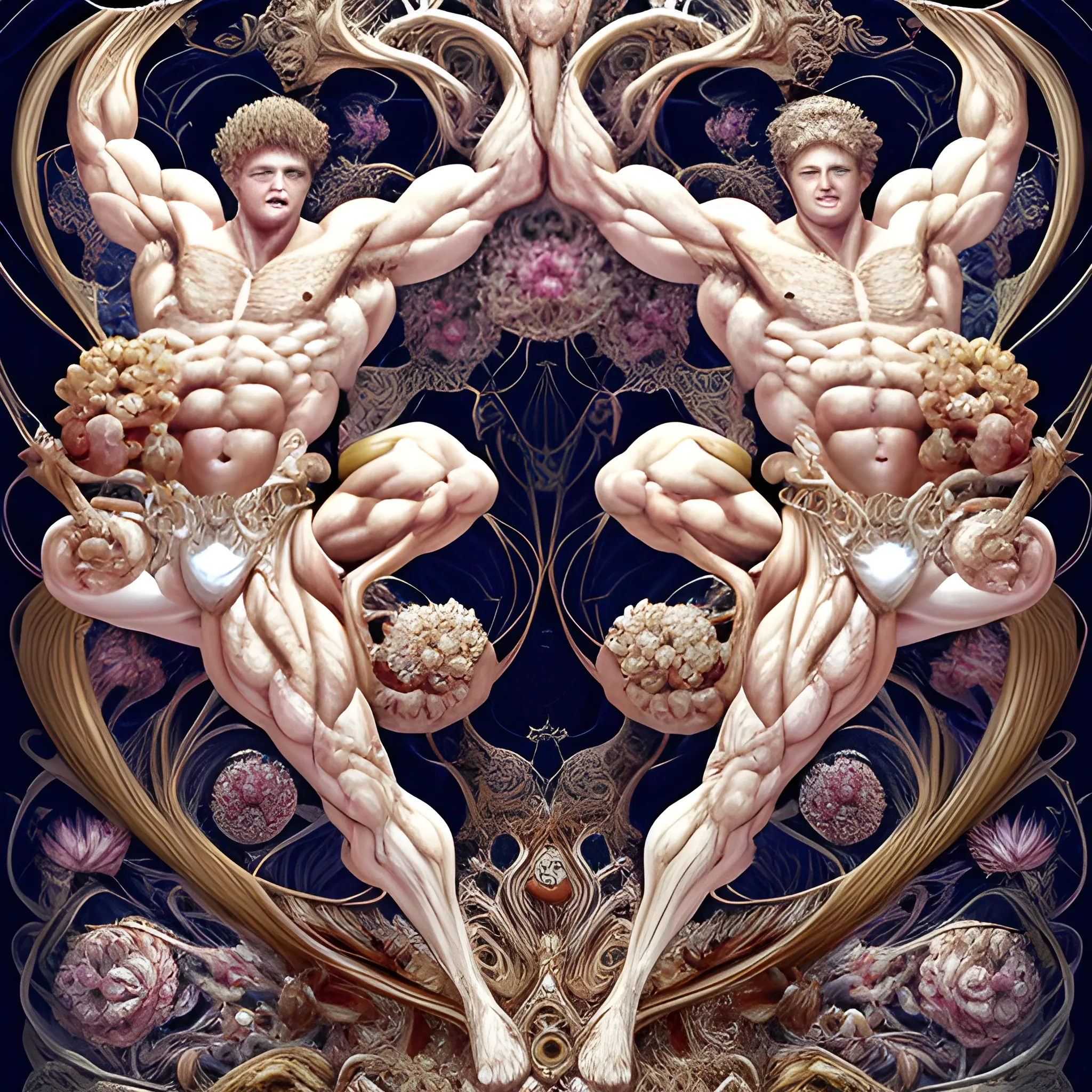 Two white male bodybuilders.  They are handsome and flexing their muscles. an ultra hd detailed painting of many different types of flowers by Android Jones, Earnst Haeckel, James Jean. behance contest winner, generative art, Baroque, intricate patterns, fractalism, rococo.  Two white male bodybuilders.  
