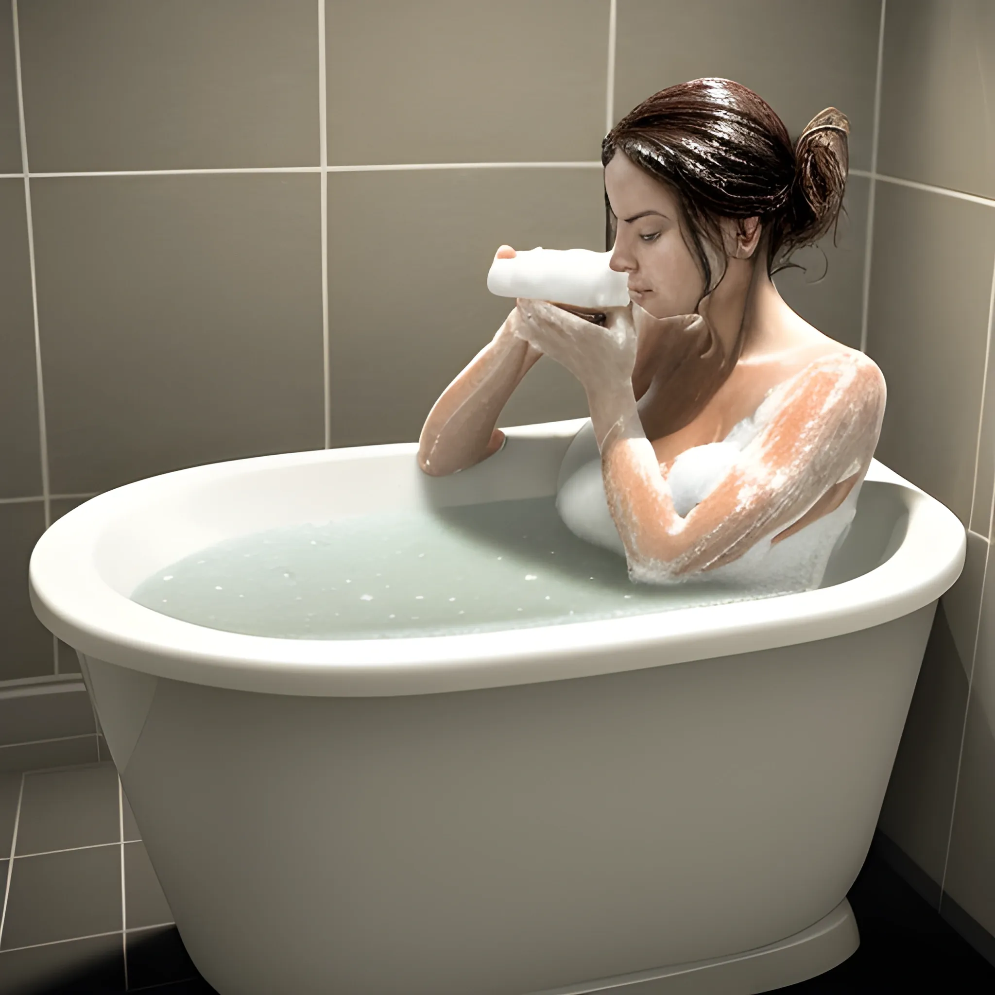 an woman sitting in a bathtub using a soap
