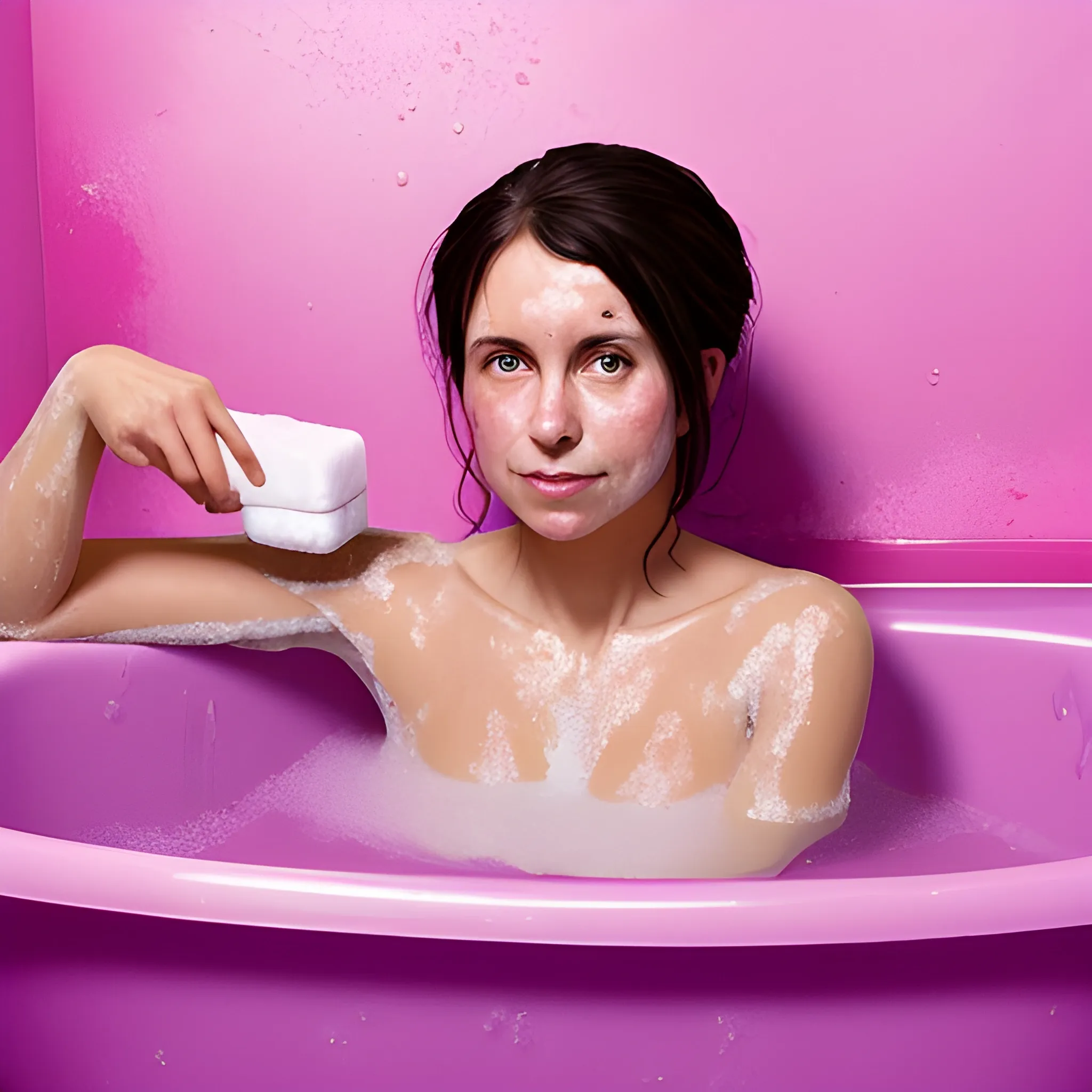 an woman sitting in a bathtub using a soap, pink background
