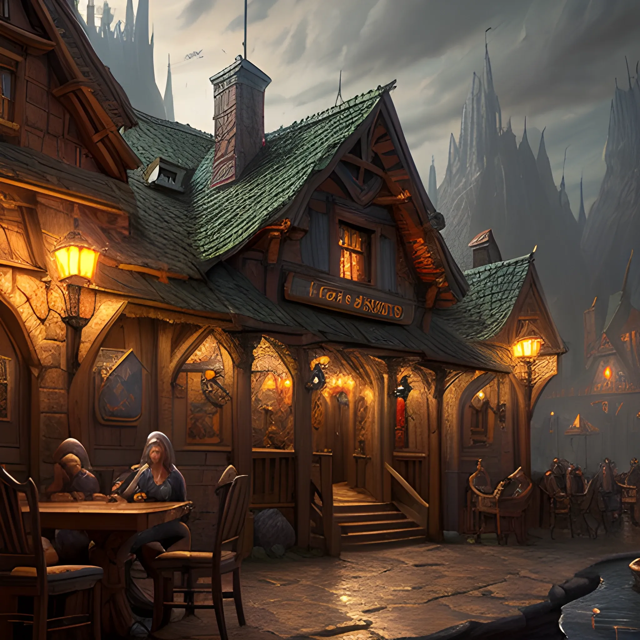 cheap tavern, fantasy, 8k, high resolution, high quality, photorealistic, hyperrealistic, detailed, detailed matte painting, deep color, fantastical, intricate detail, splash screen, complementary colors, fantasy concept art, 8k resolution trending on Artstation Unreal Engine