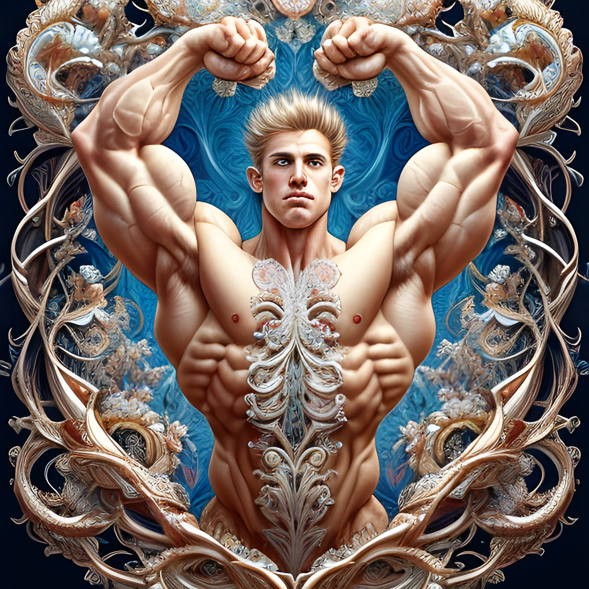 A white male bodybuilder.  He is handsome and flexing his muscles. an ultra hd detailed painting of many different types of flowers by Android Jones, Earnst Haeckel, James Jean. behance contest winner, generative art, Baroque, intricate patterns, fractalism, rococo.  A white male bodybuilder.  
