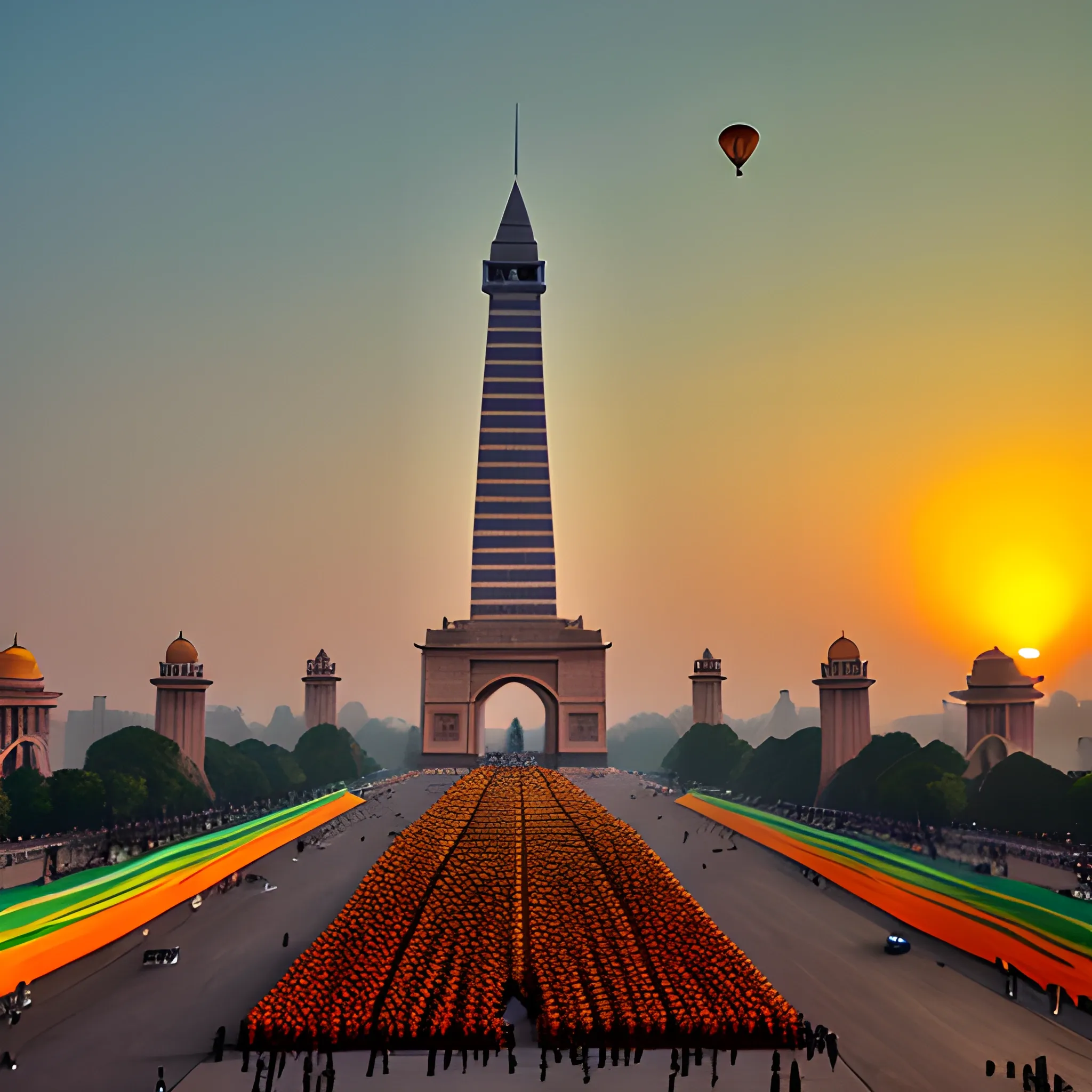 Panopticon Parasitic Stingray: a radiant sunrise in the shades of saffron, white, and green representing the Indian flag. Spread across the sky are numerous tri-colored balloons, while in the foreground stands a parade of diverse Indian citizens, each holding a small flag. Iconic Indian monuments such as the India Gate are subtly strewn across the horizon, signifying the unity in diversity.