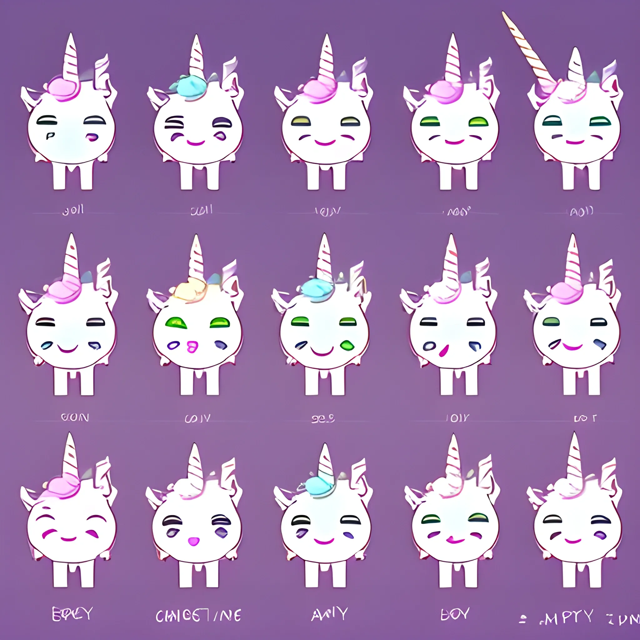 a cute unicorn emotion pack, 16 emotions, expression table, various postures and expressions(happy, sad, angry, sleeping, busy, bye, cheers, envious, etc. ), simple line style, animated cartoon style., Cartoon