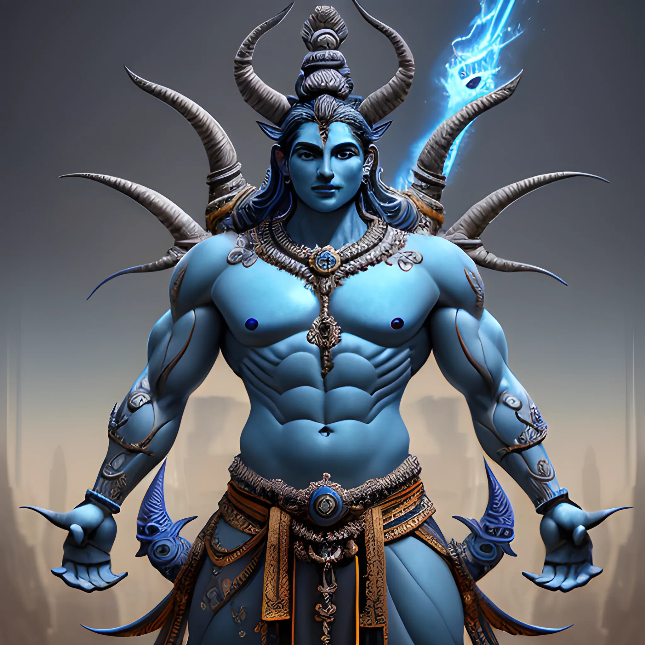 powerful god with four arms, blue skin, strong, shiva, 8k, high resolution, high quality, photorealistic, hyperrealistic, detailed, detailed matte painting, deep color, fantastical, intricate detail, splash screen, complementary colors, fantasy concept art, 8k resolution trending on Artstation Unreal Engine