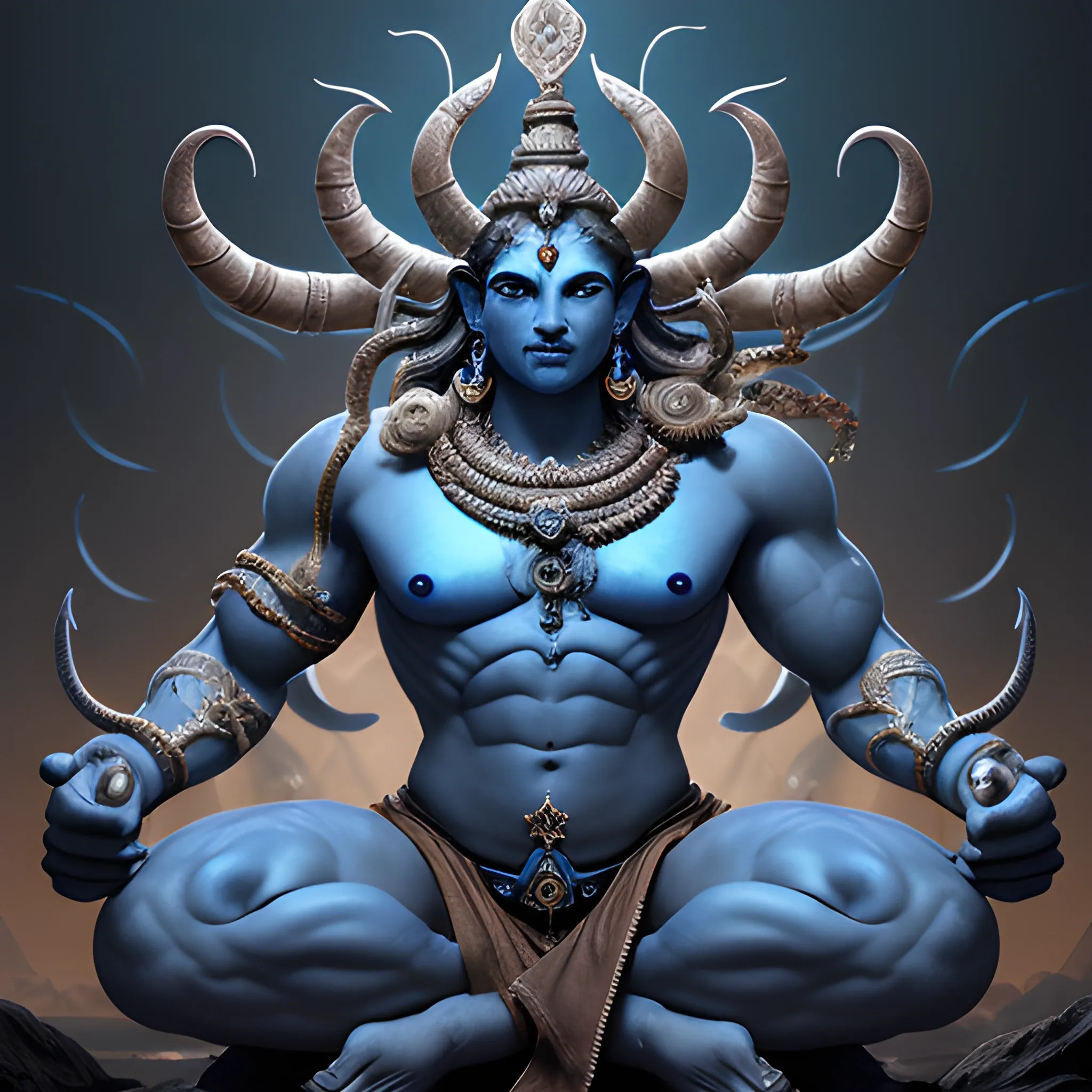 powerful god with four arms, blue skin, strong, shiva, 8k, high resolution, high quality, photorealistic, hyperrealistic, detailed, detailed matte painting, deep color, fantastical, intricate detail, splash screen, complementary colors, fantasy concept art, 8k resolution trending on Artstation Unreal Engine