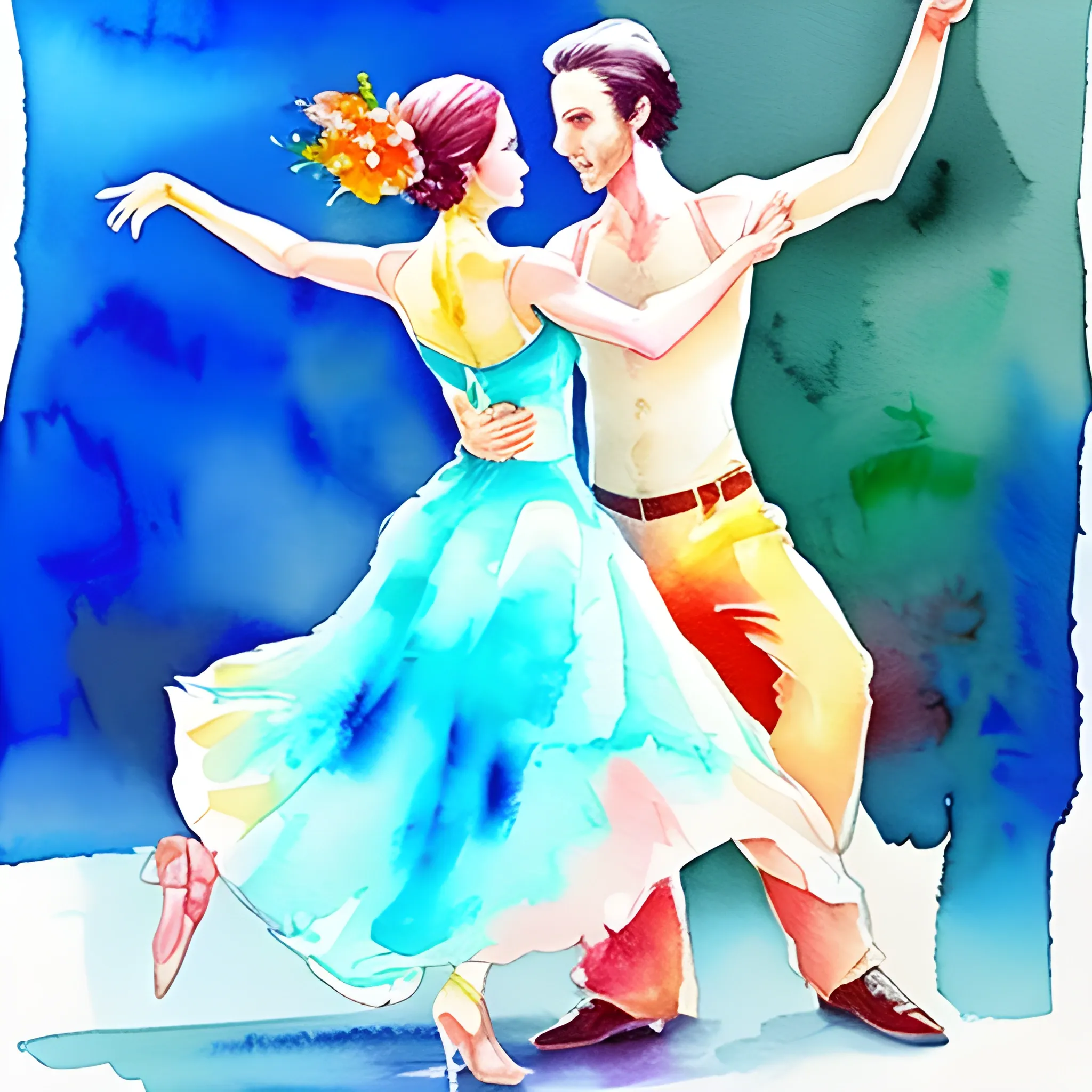 create a beautiful man and woman  dancing, Water Color