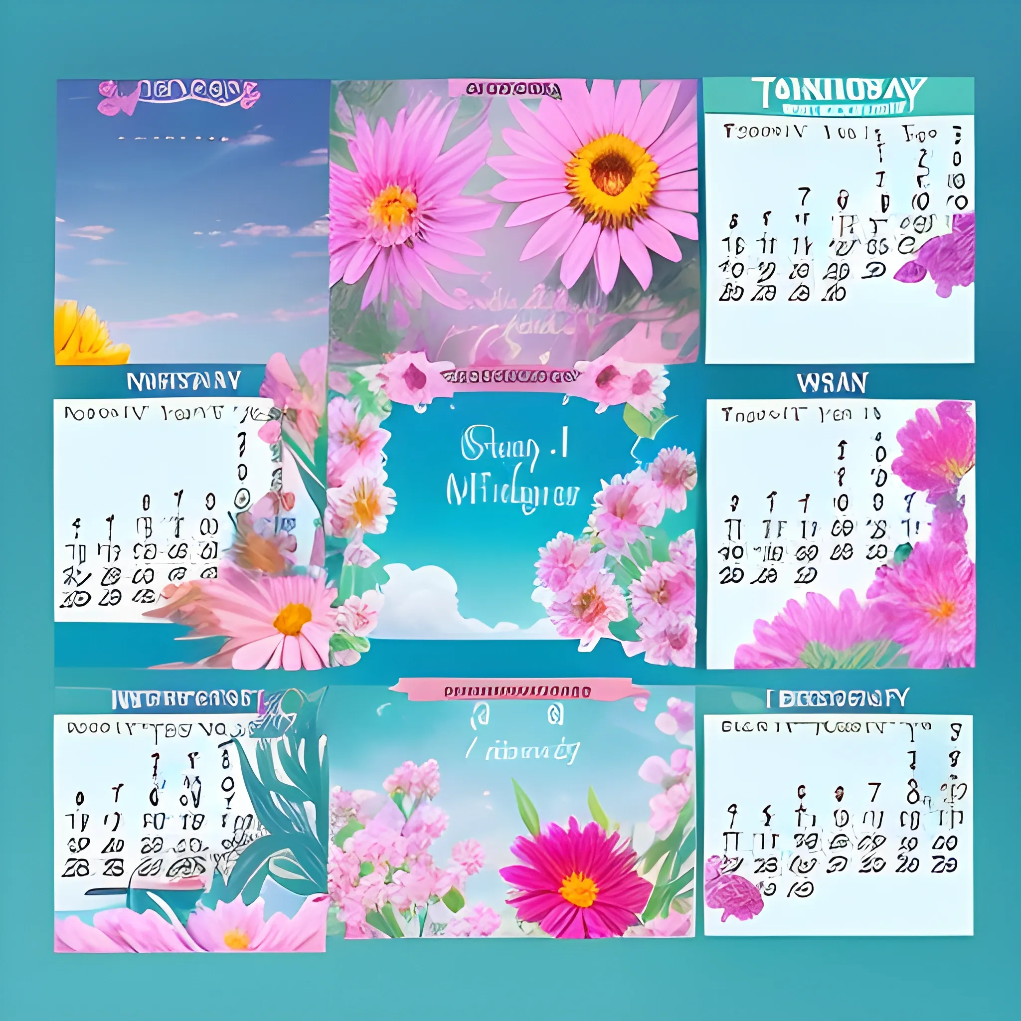 I need an aesthetic calendar that has colourful flowers, a nice image of the sky and signs of money
