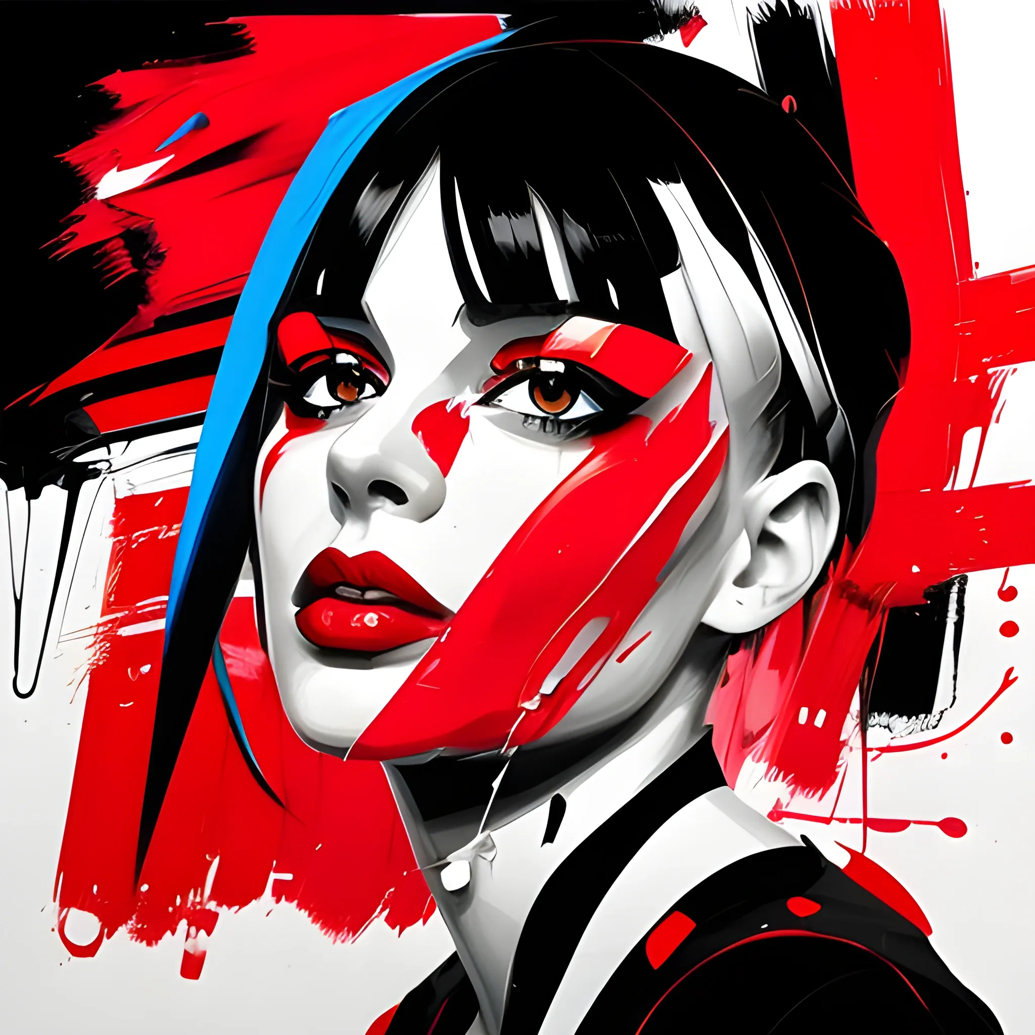 Francoise Nielly art style. Splash eye. Red, black and White., illustration, 3d render, painting, photo, fashion, 3D, Water Color, , Trippy, Oil Painting